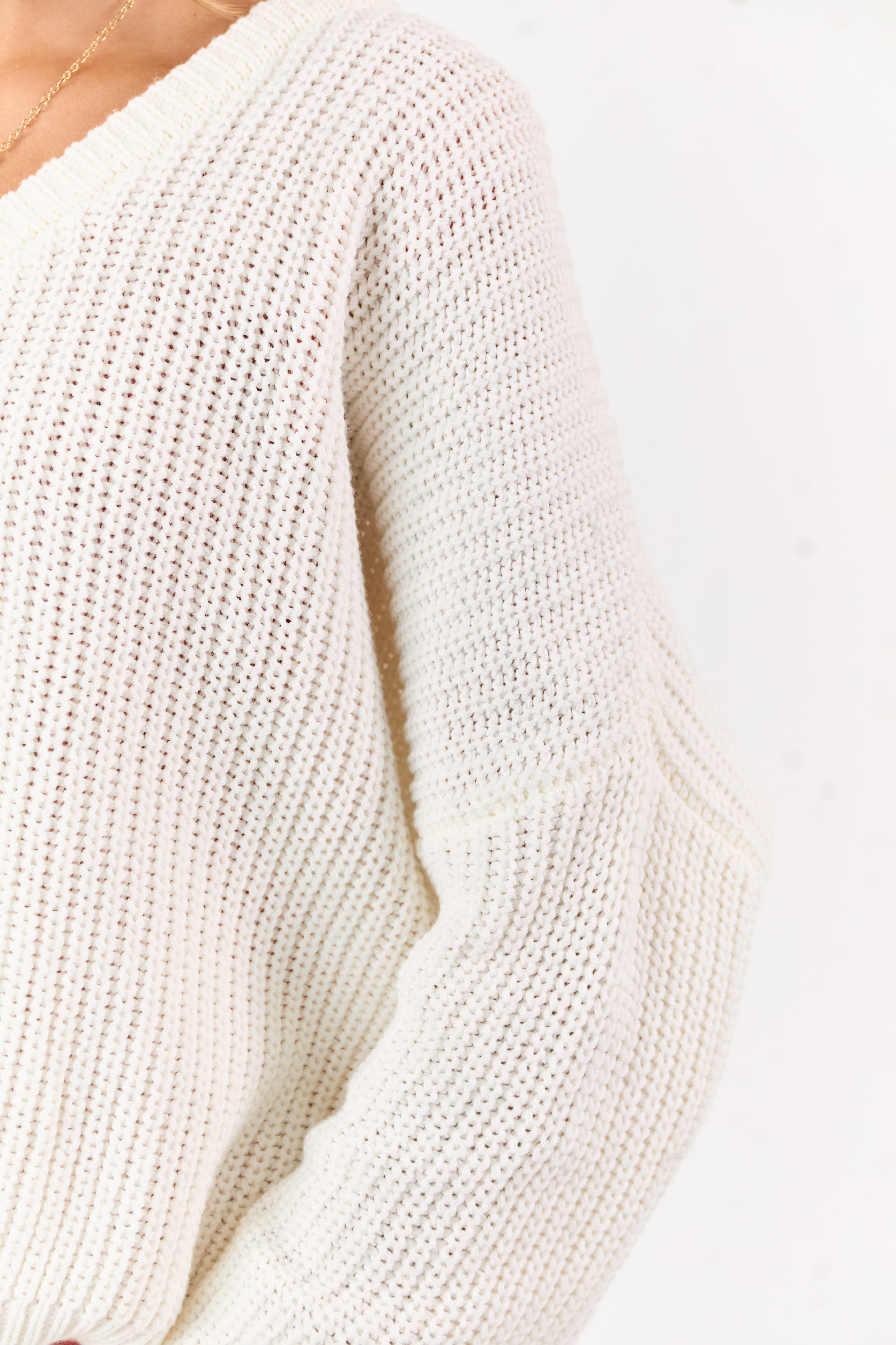 Ivory V-Neck Rib Knit Relaxed Sweater
