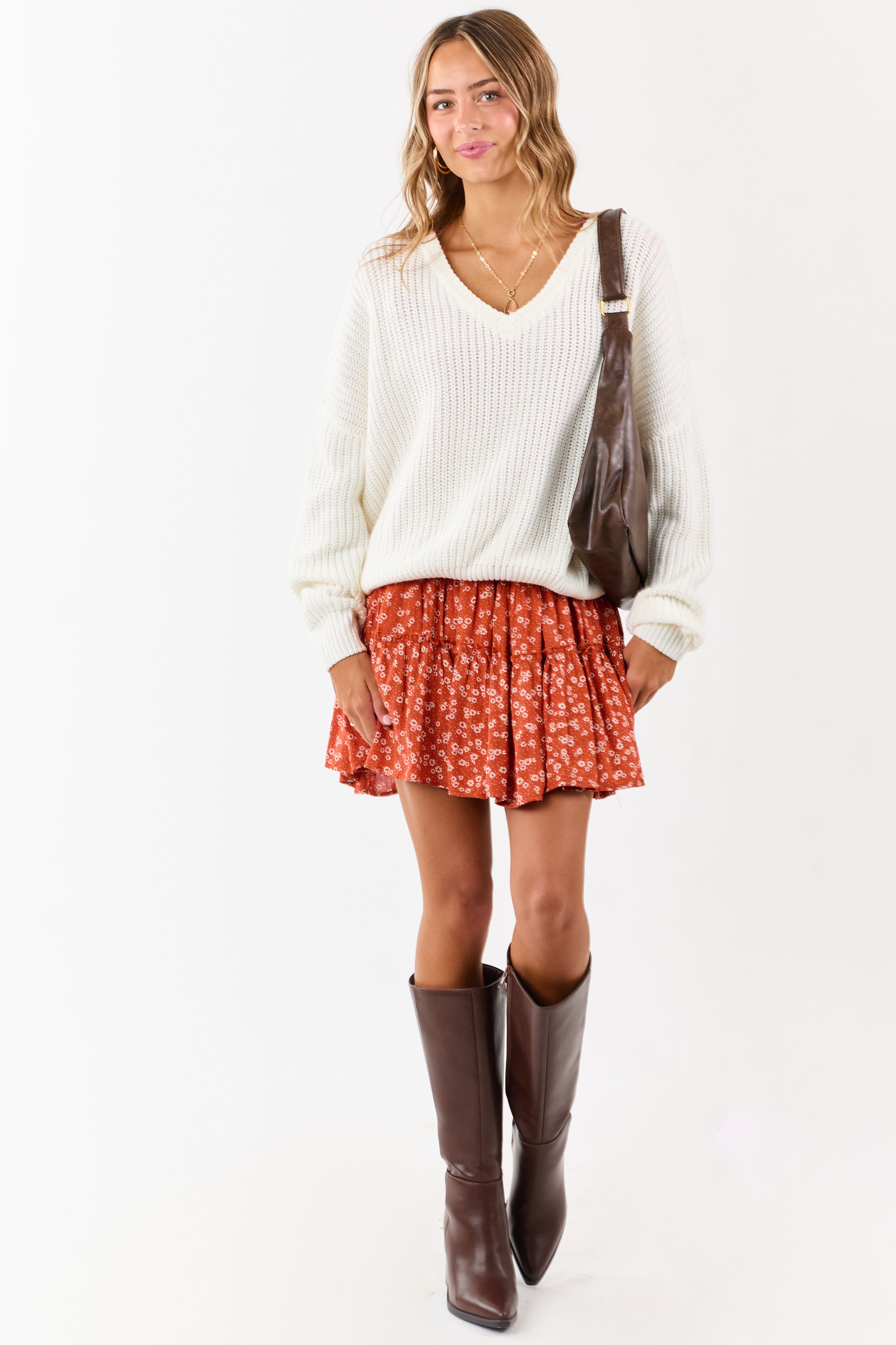 Ivory V-Neck Rib Knit Relaxed Sweater