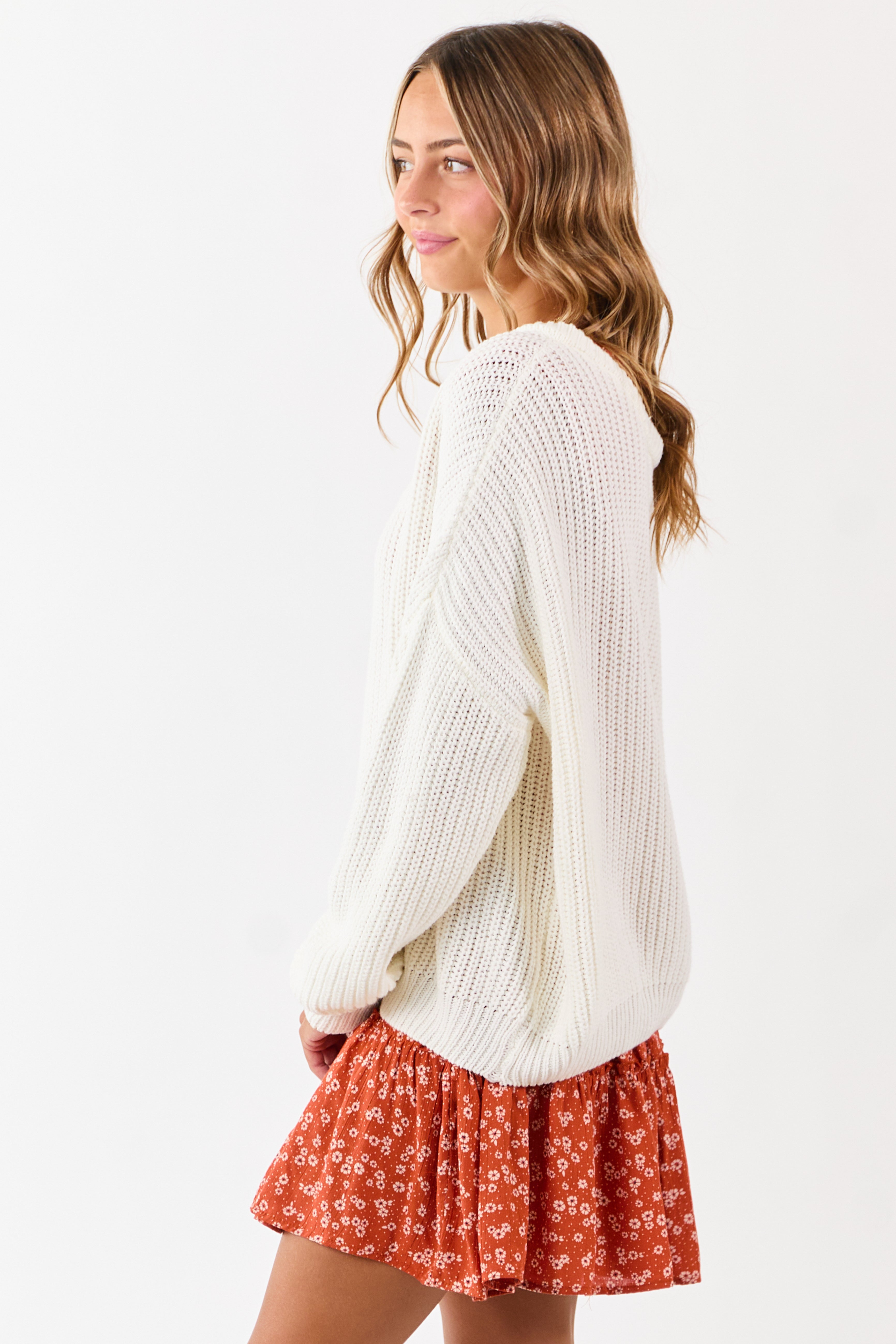 Ivory V-Neck Rib Knit Relaxed Sweater