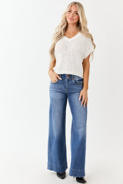 Ivory V Neck Short Sleeve Cotton Sweater Top