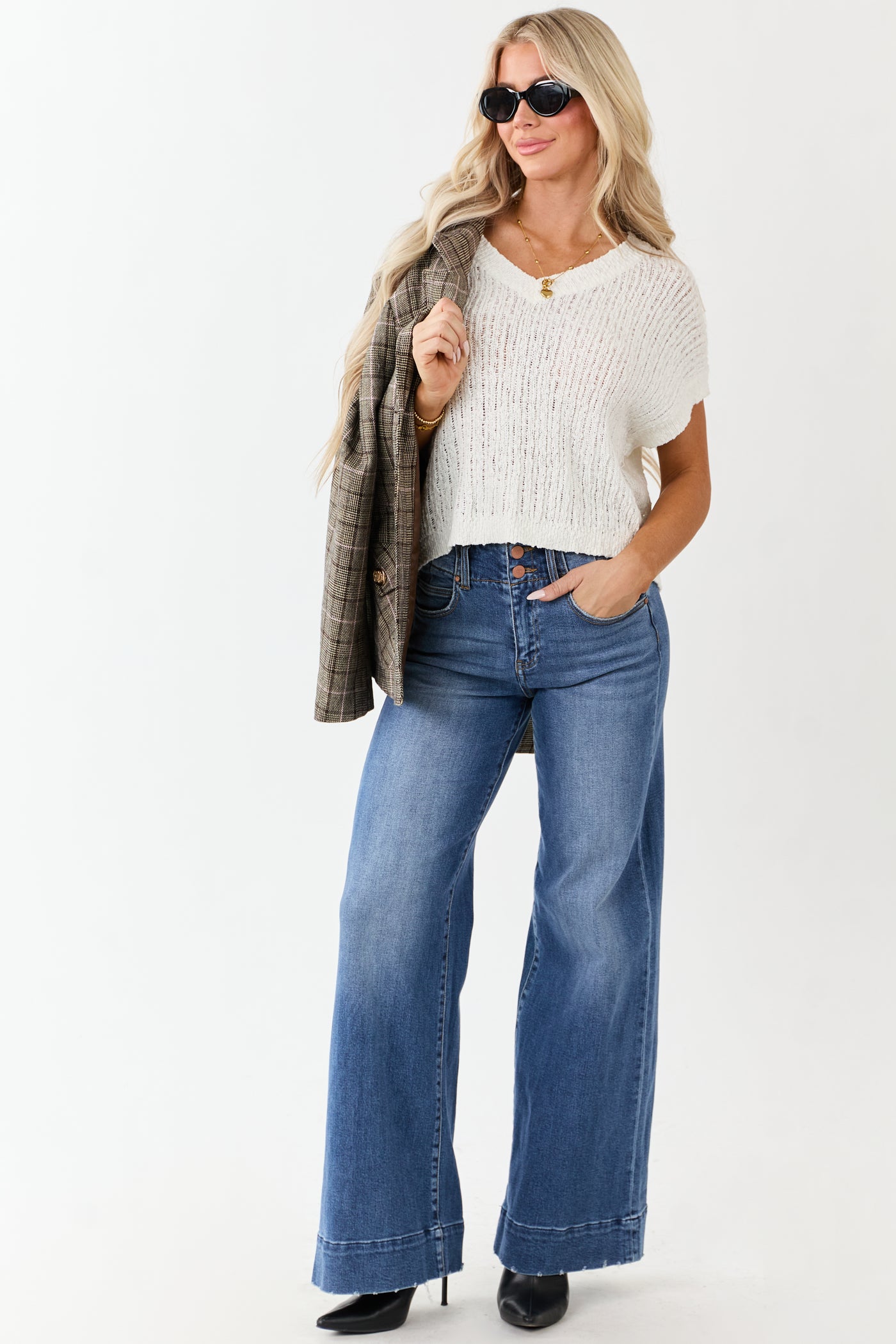 Ivory V Neck Short Sleeve Cotton Sweater Top