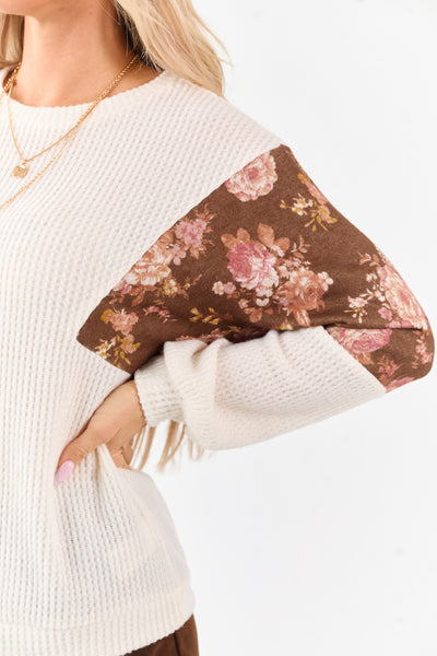 Ivory Waffle Knit Contrast Floral Print Sweater