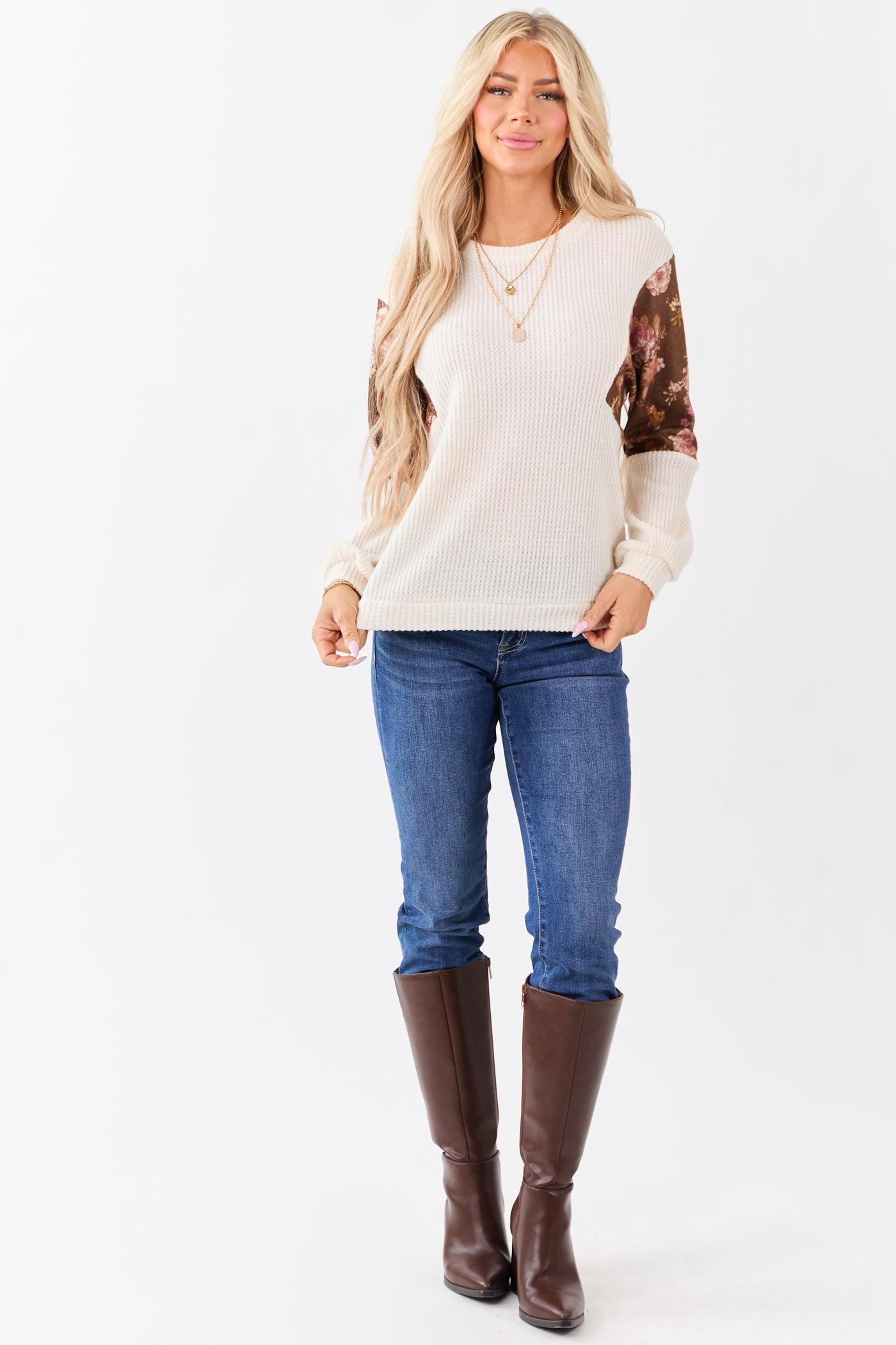 Ivory Waffle Knit Contrast Floral Print Sweater