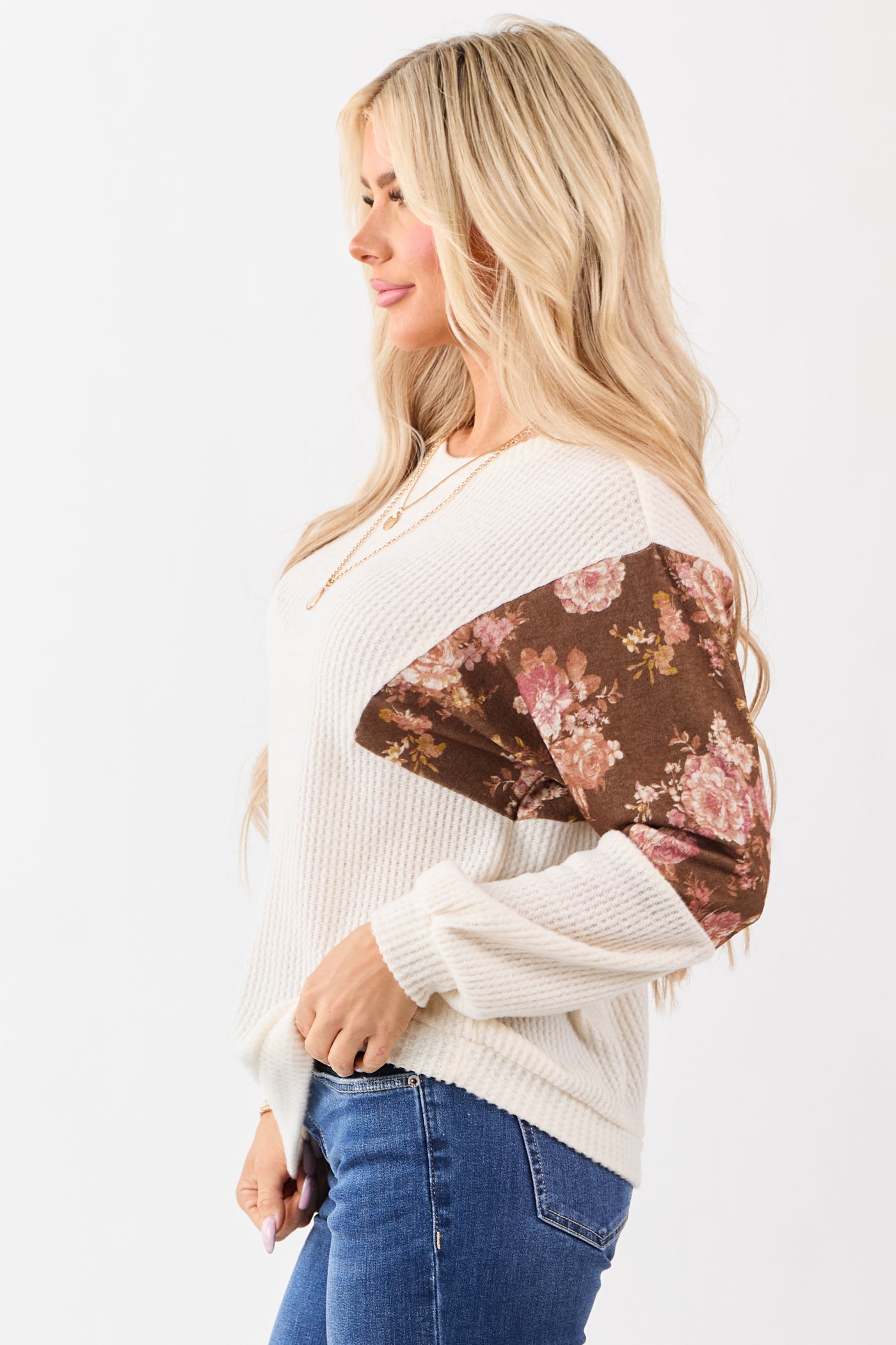 Ivory Waffle Knit Contrast Floral Print Sweater