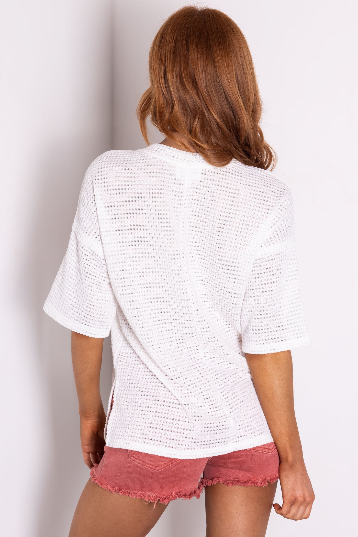 Ivory Waffle Knit Half Sleeve Button Top