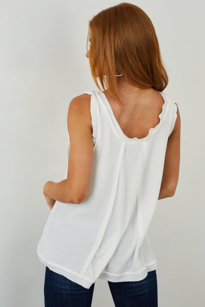 Ivory Waffle Knit Tank Top with Frill Details