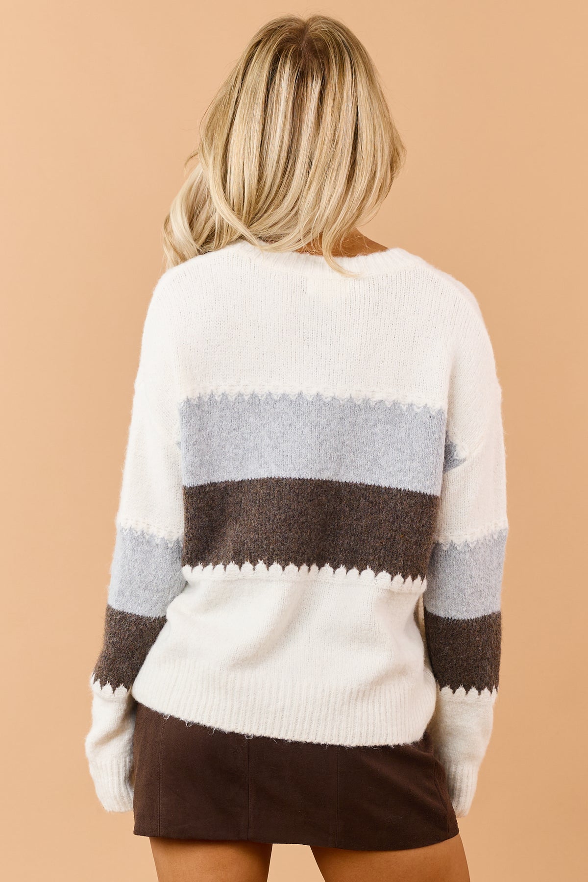 Ivory Zigzag Colorblock Stripe Fuzzy Knit Sweater