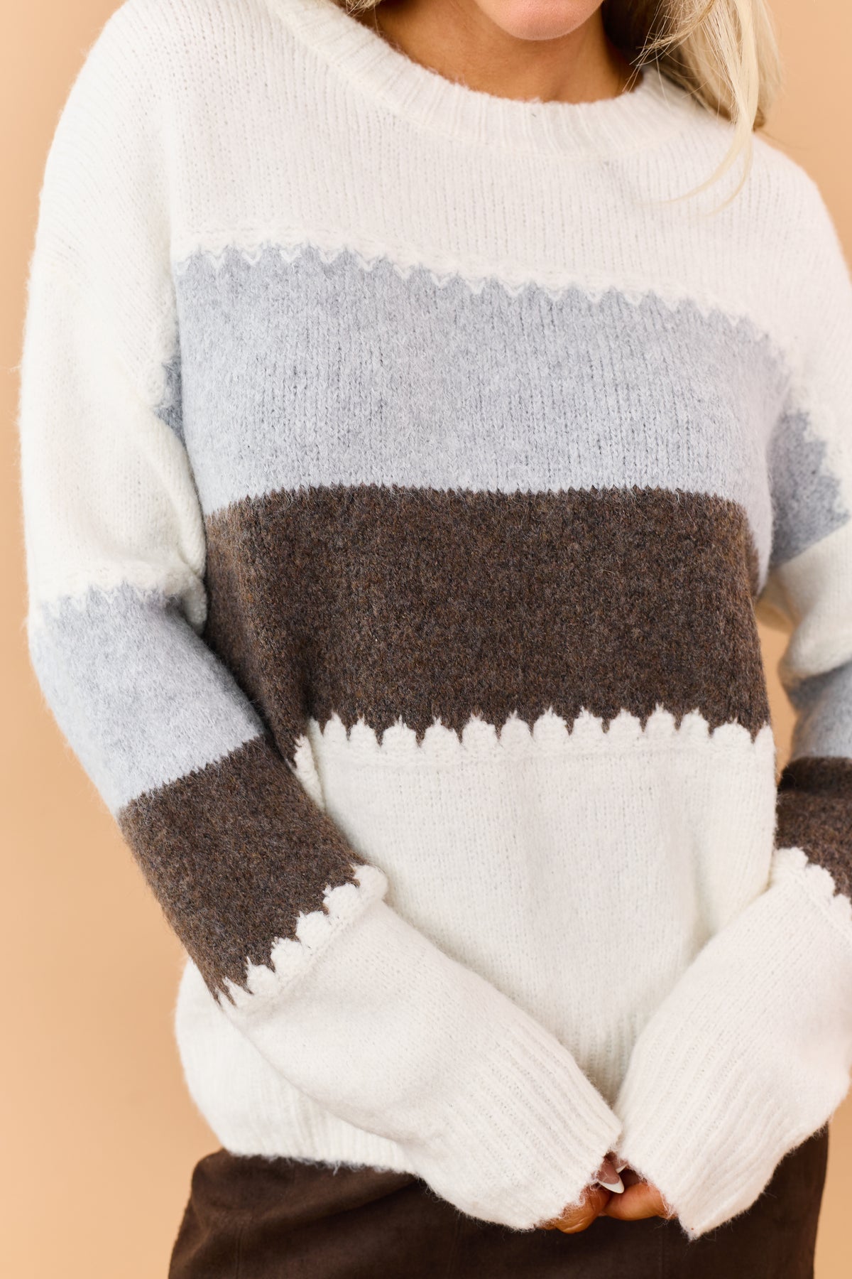Ivory Zigzag Colorblock Stripe Fuzzy Knit Sweater