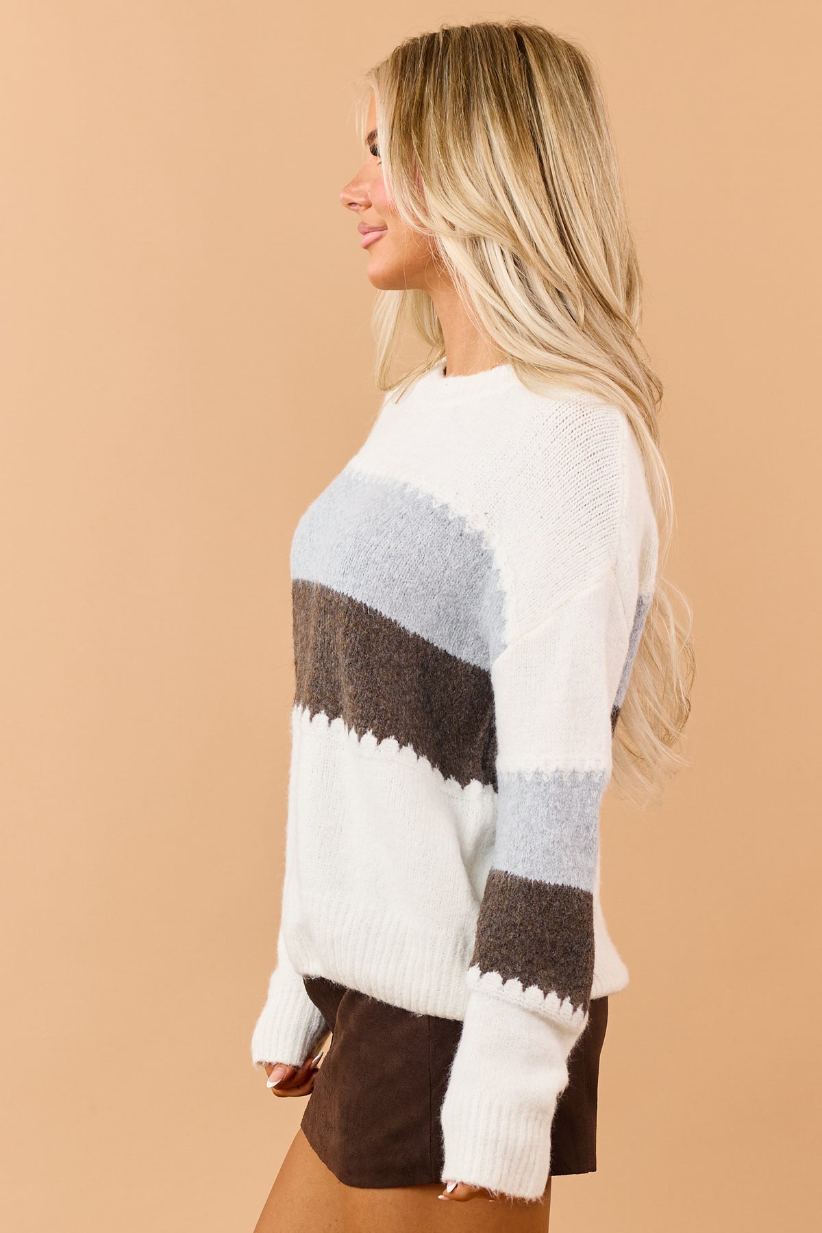 Ivory Zigzag Colorblock Stripe Fuzzy Knit Sweater
