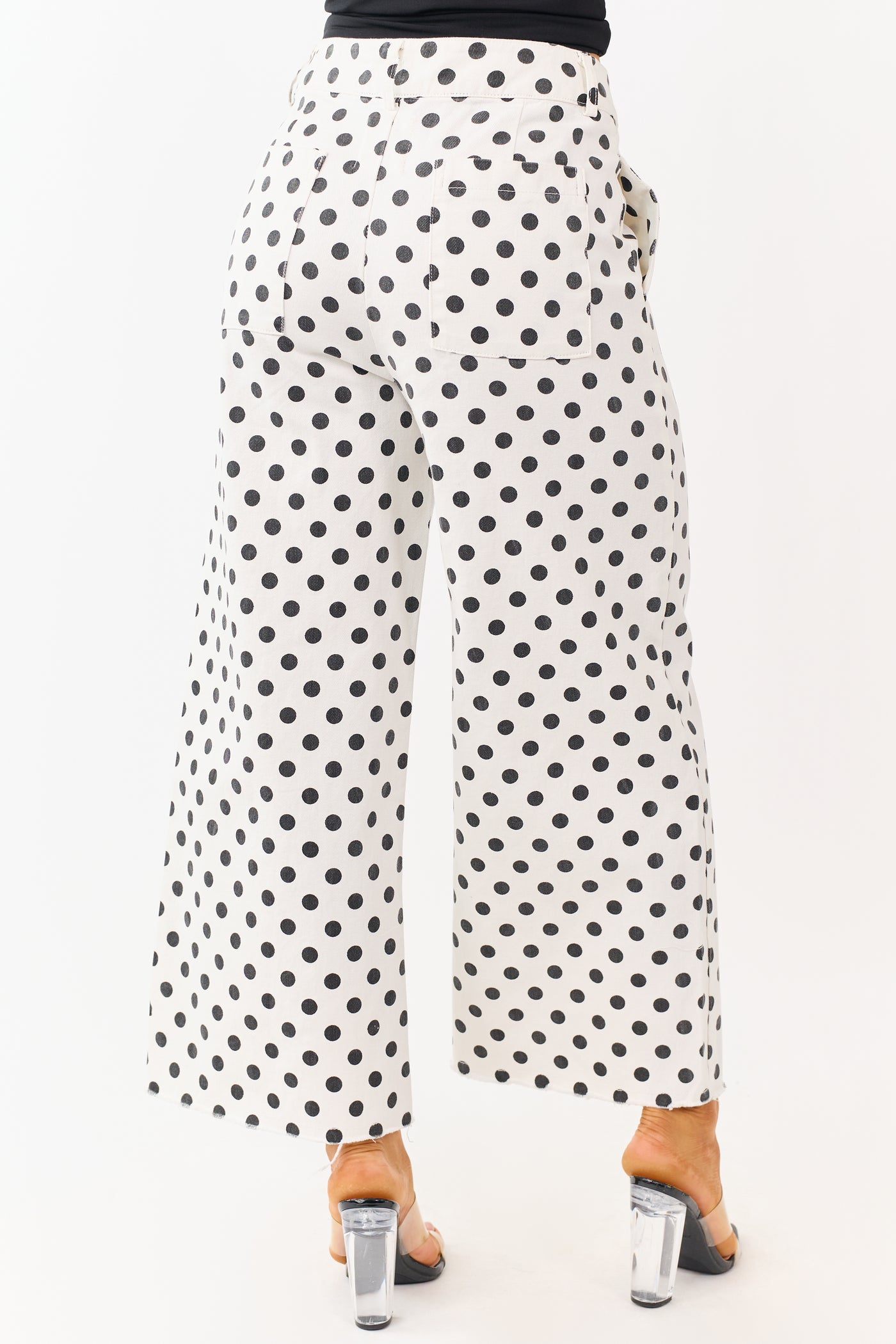 Ivory and Black Polka Dot Wide Leg Denim Pants