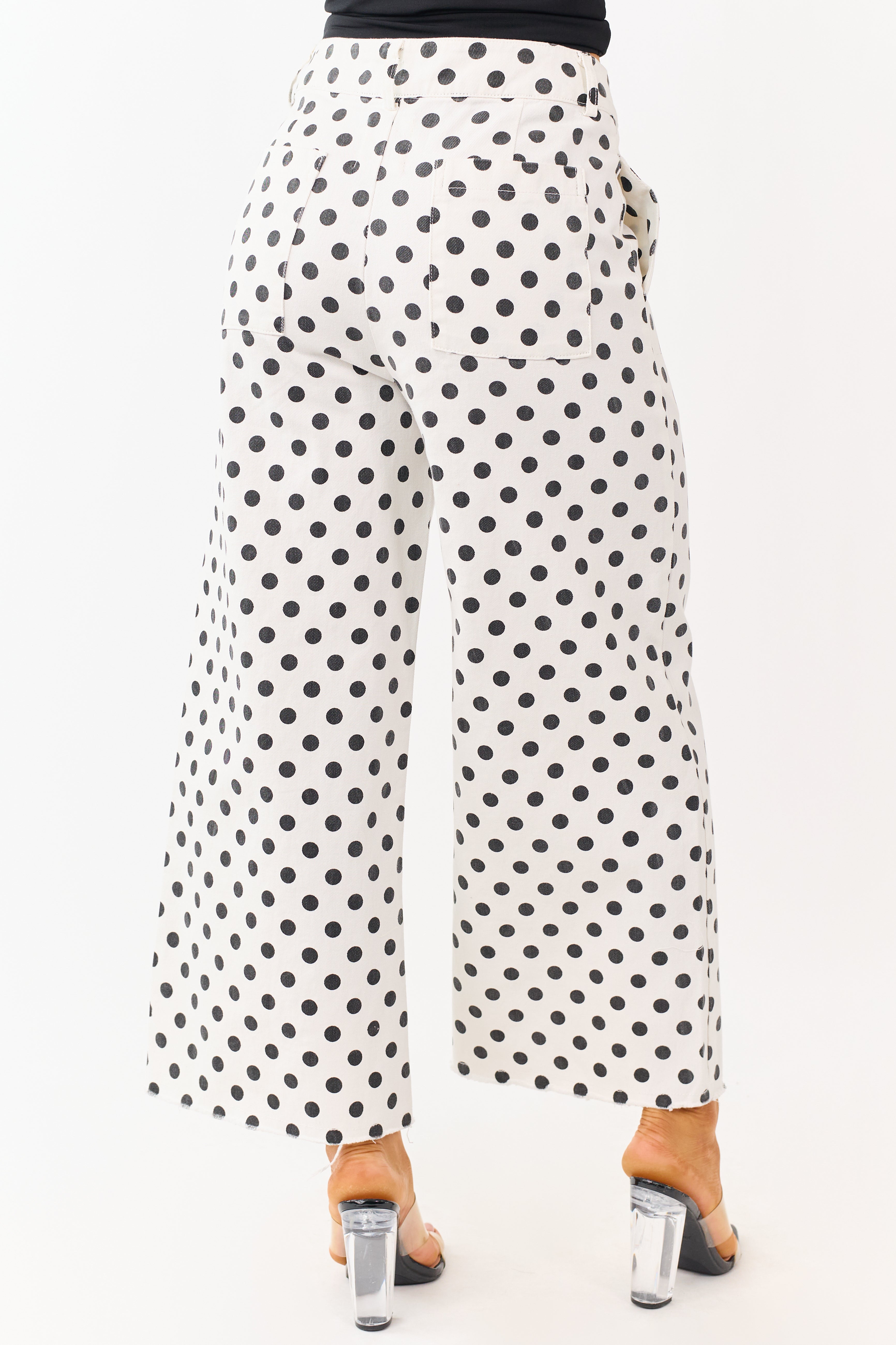 Ivory and Black Polka Dot Wide Leg Denim Pants