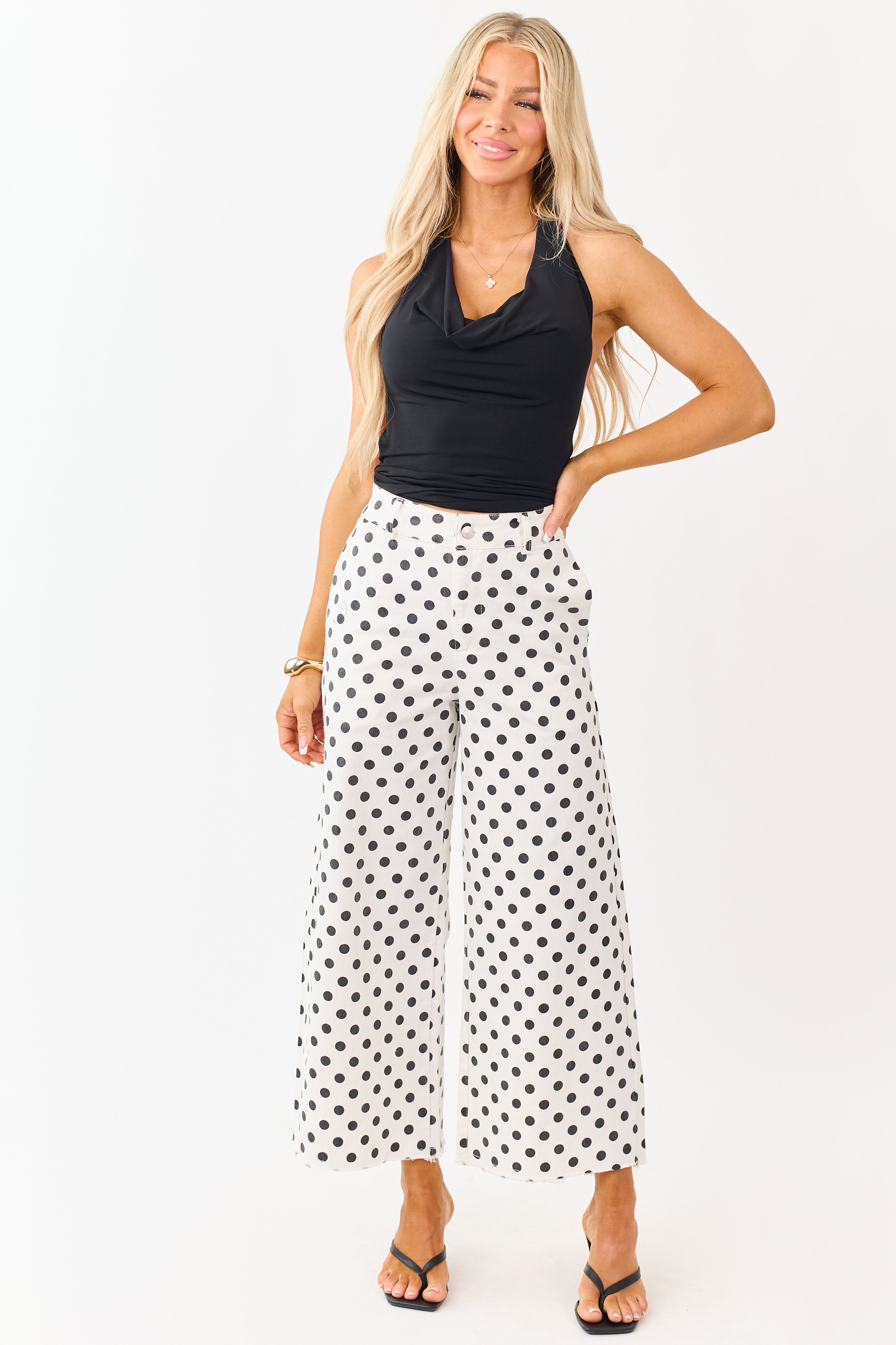 Ivory and Black Polka Dot Wide Leg Denim Pants