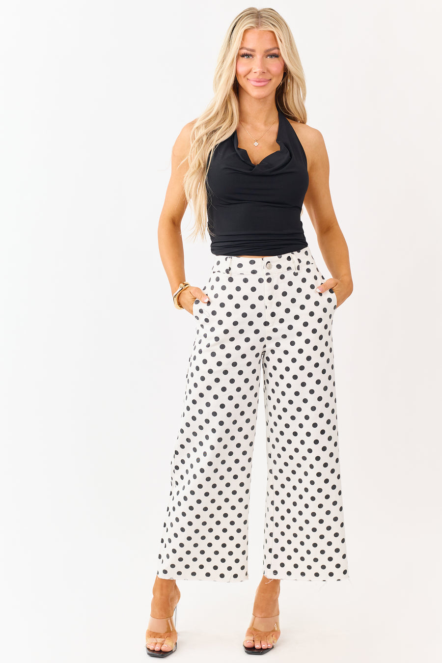 Ivory and Black Polka Dot Wide Leg Denim Pants