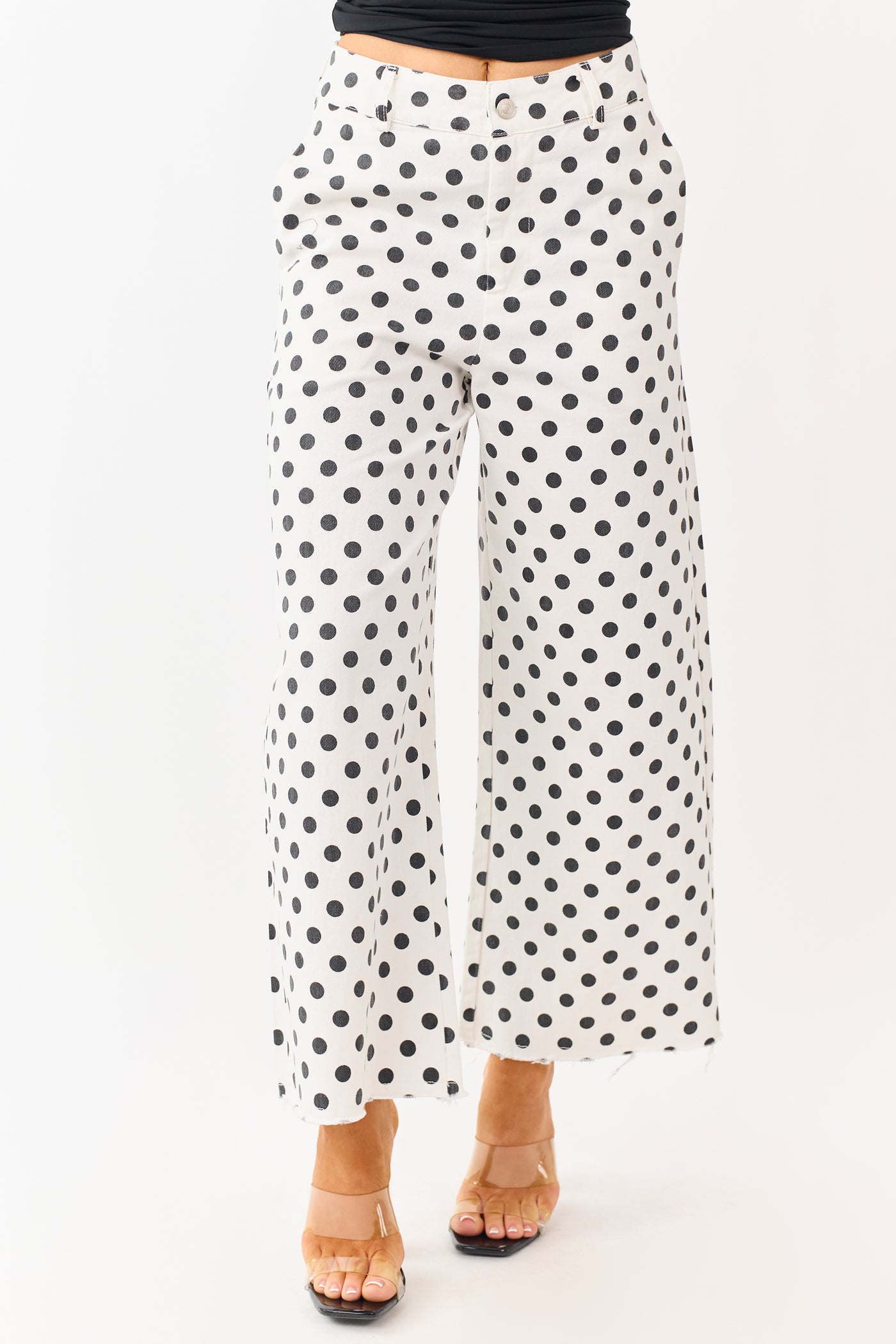 Ivory and Black Polka Dot Wide Leg Denim Pants