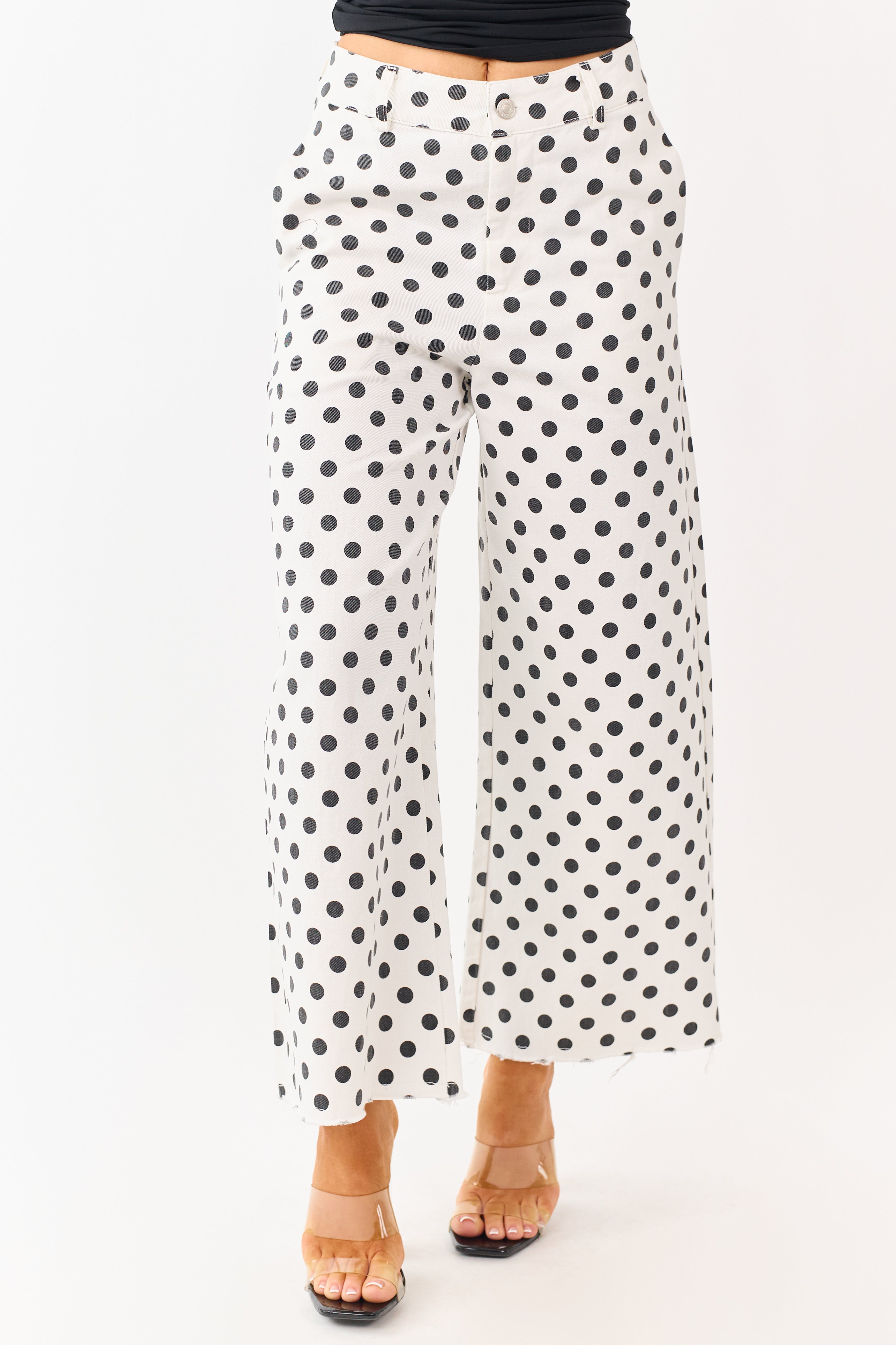 Ivory and Black Polka Dot Wide Leg Denim Pants