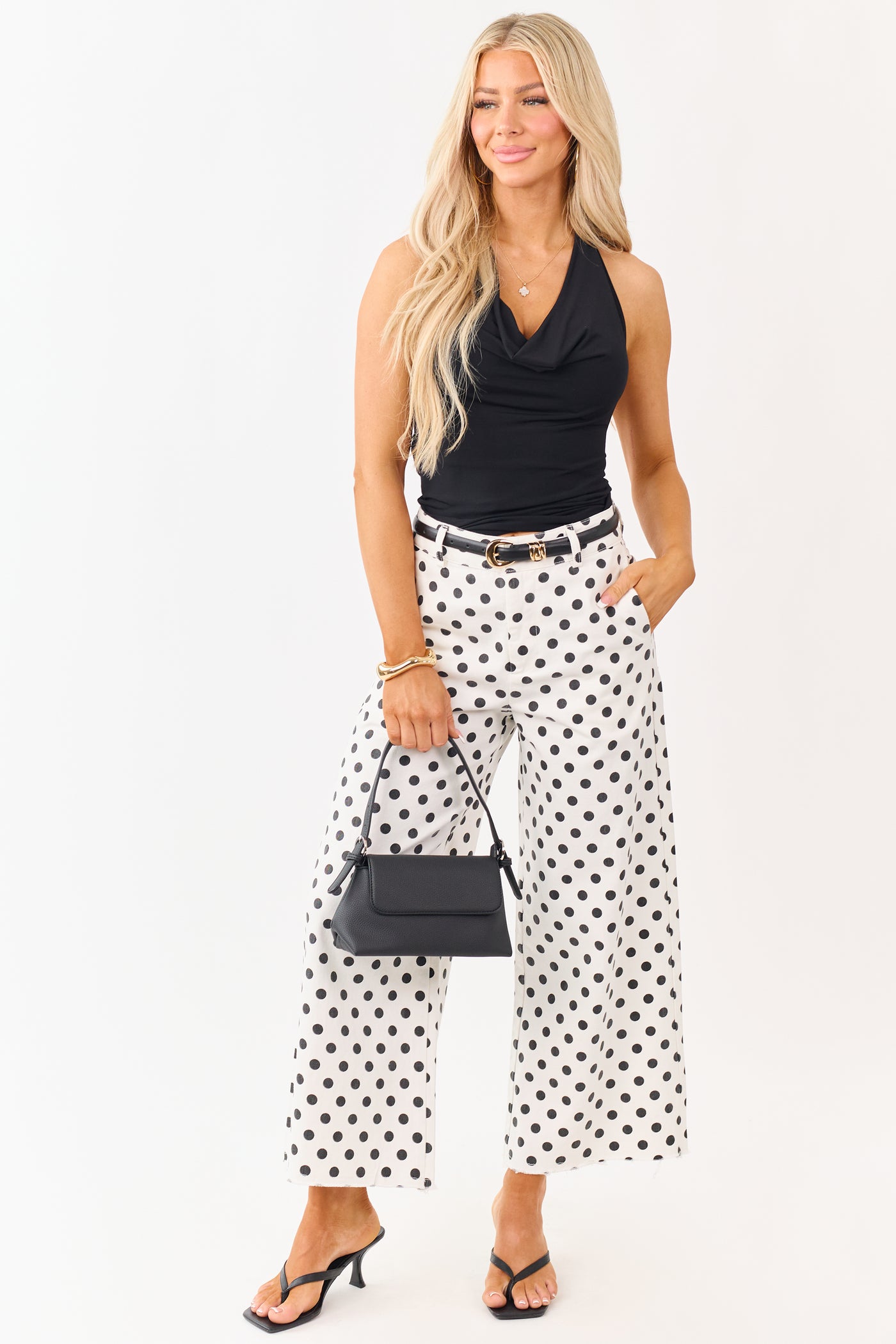 Ivory and Black Polka Dot Wide Leg Denim Pants