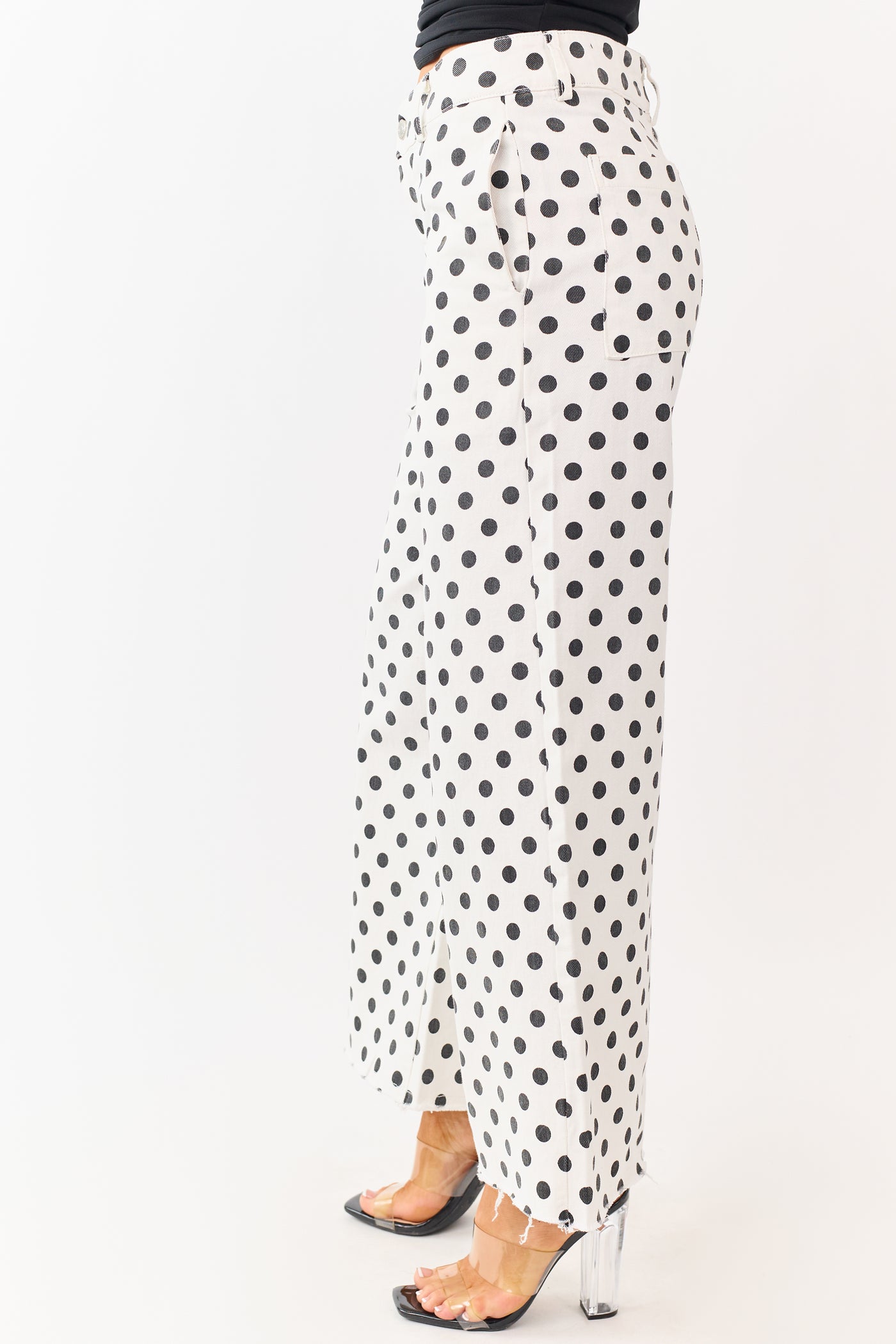 Ivory and Black Polka Dot Wide Leg Denim Pants