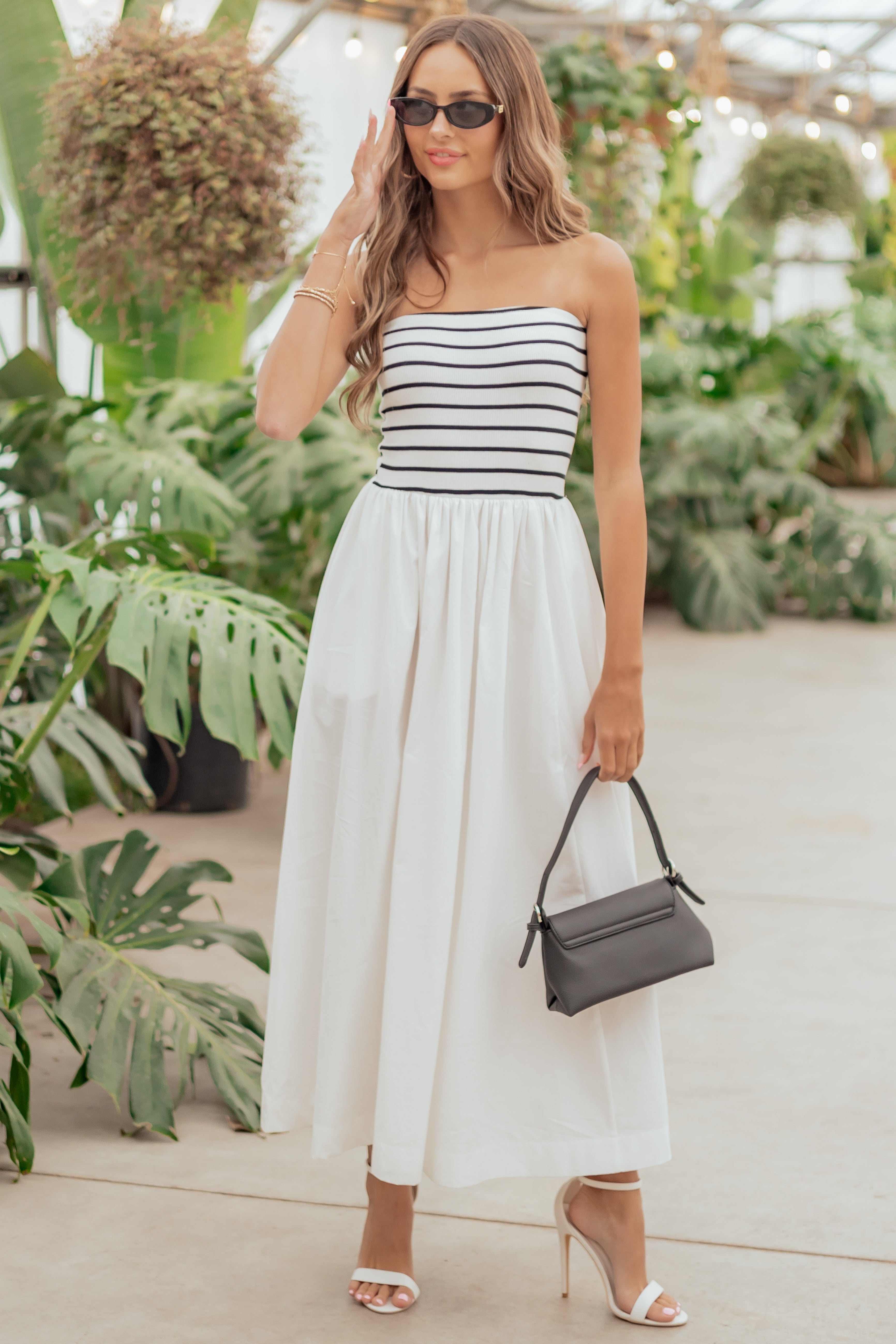 Ivory and Black Striped Strapless Cotton Maxi Dress