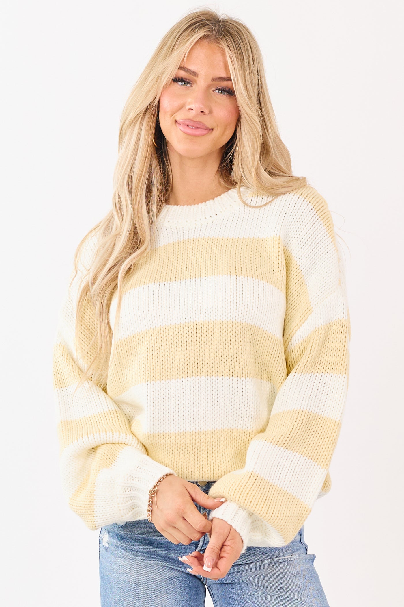 Ivory and Buttercream Striped Chunky Knit Sweater