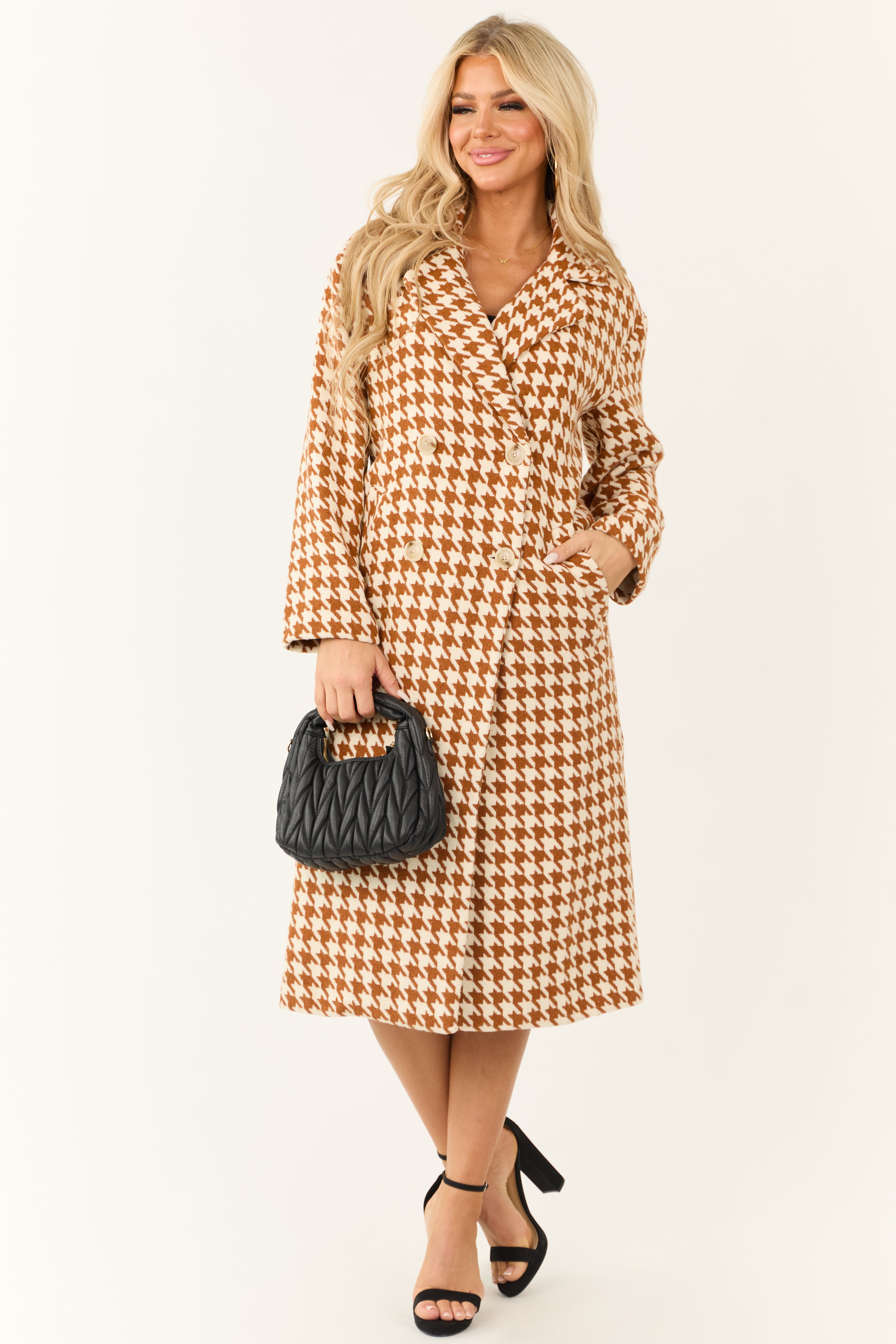 Ivory and Caramel Houndstooth Pattern Trench Coat | Lime Lush Boutique