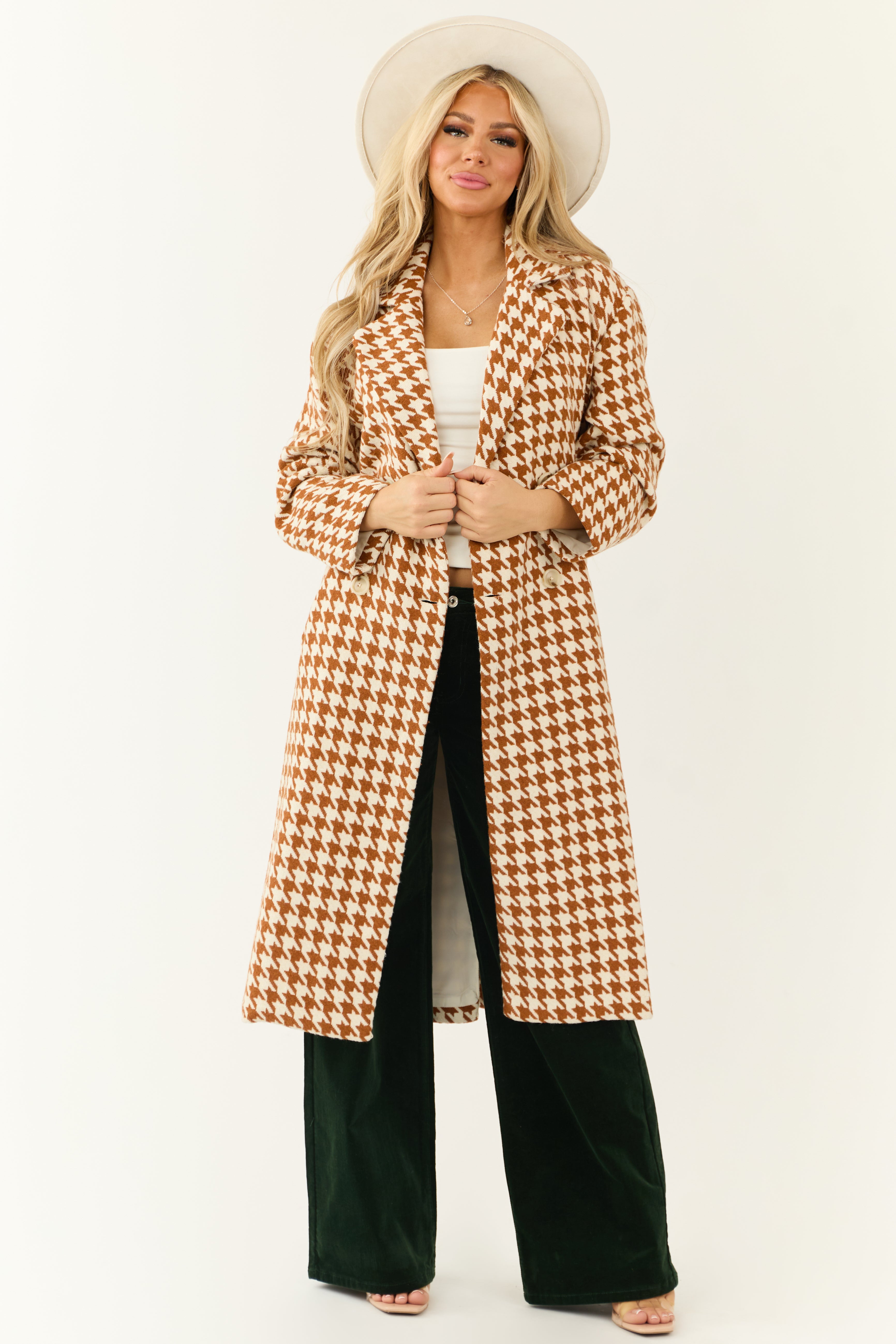 Ivory and Caramel Houndstooth Pattern Trench Coat | Lime Lush Boutique