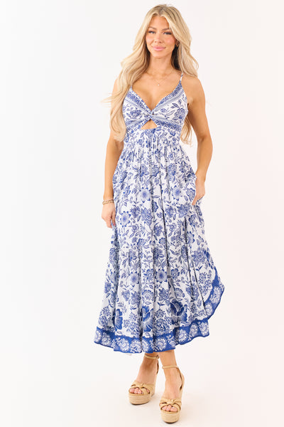 Ivory and Cobalt Floral Print Front Twist Maxi Dress
