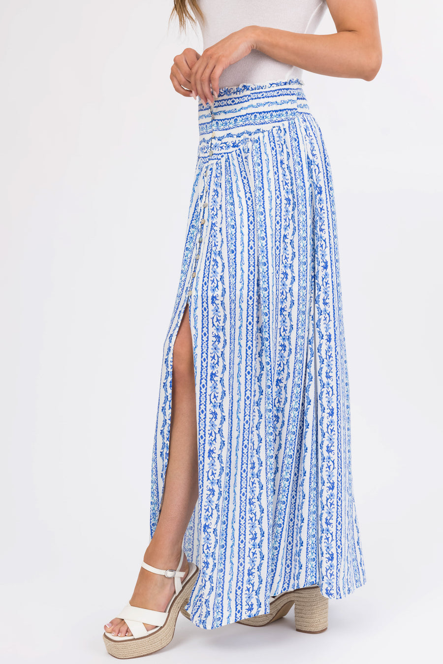 Ivory and Cobalt Front Slit Button Maxi Skirt