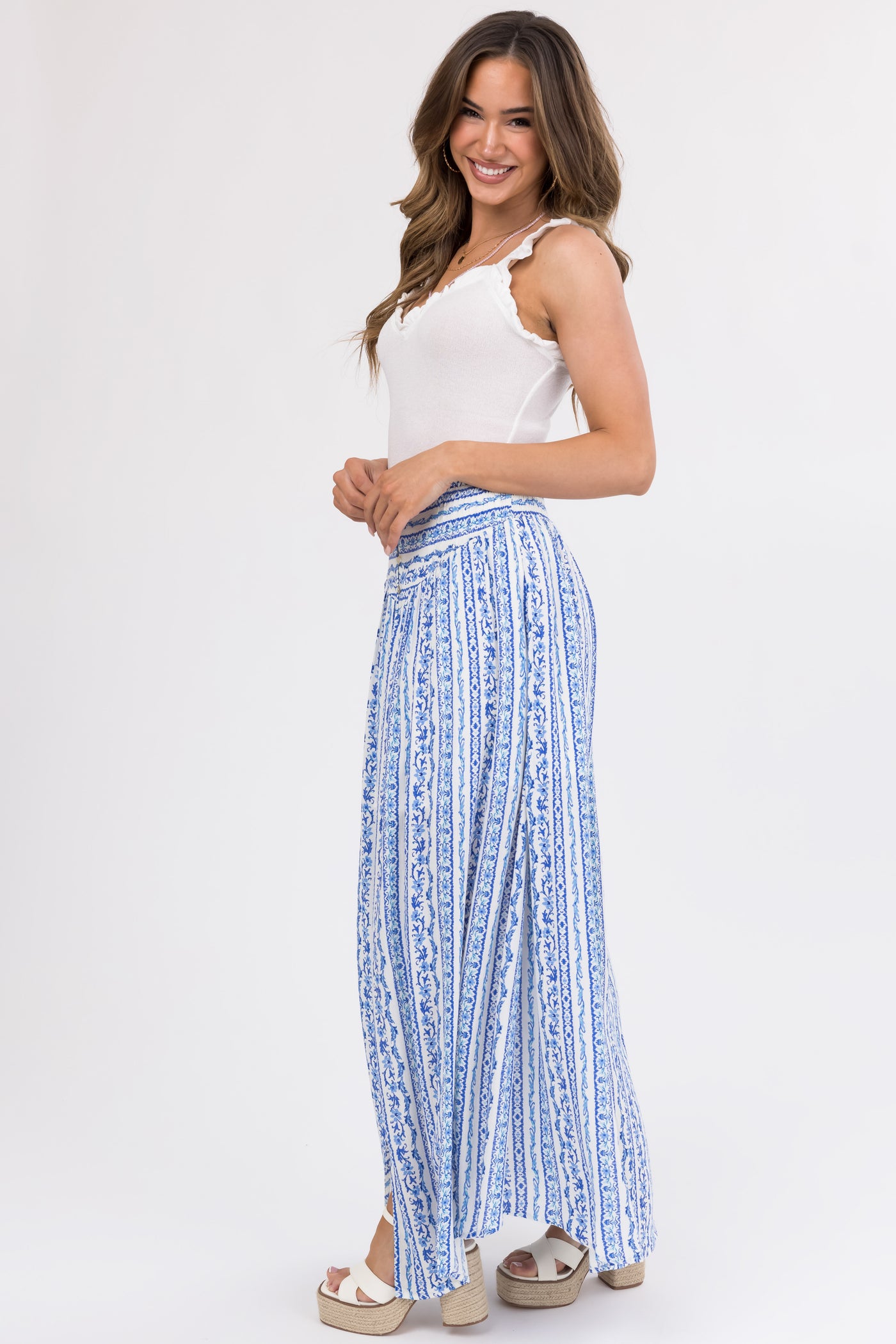 Ivory and Cobalt Front Slit Button Maxi Skirt