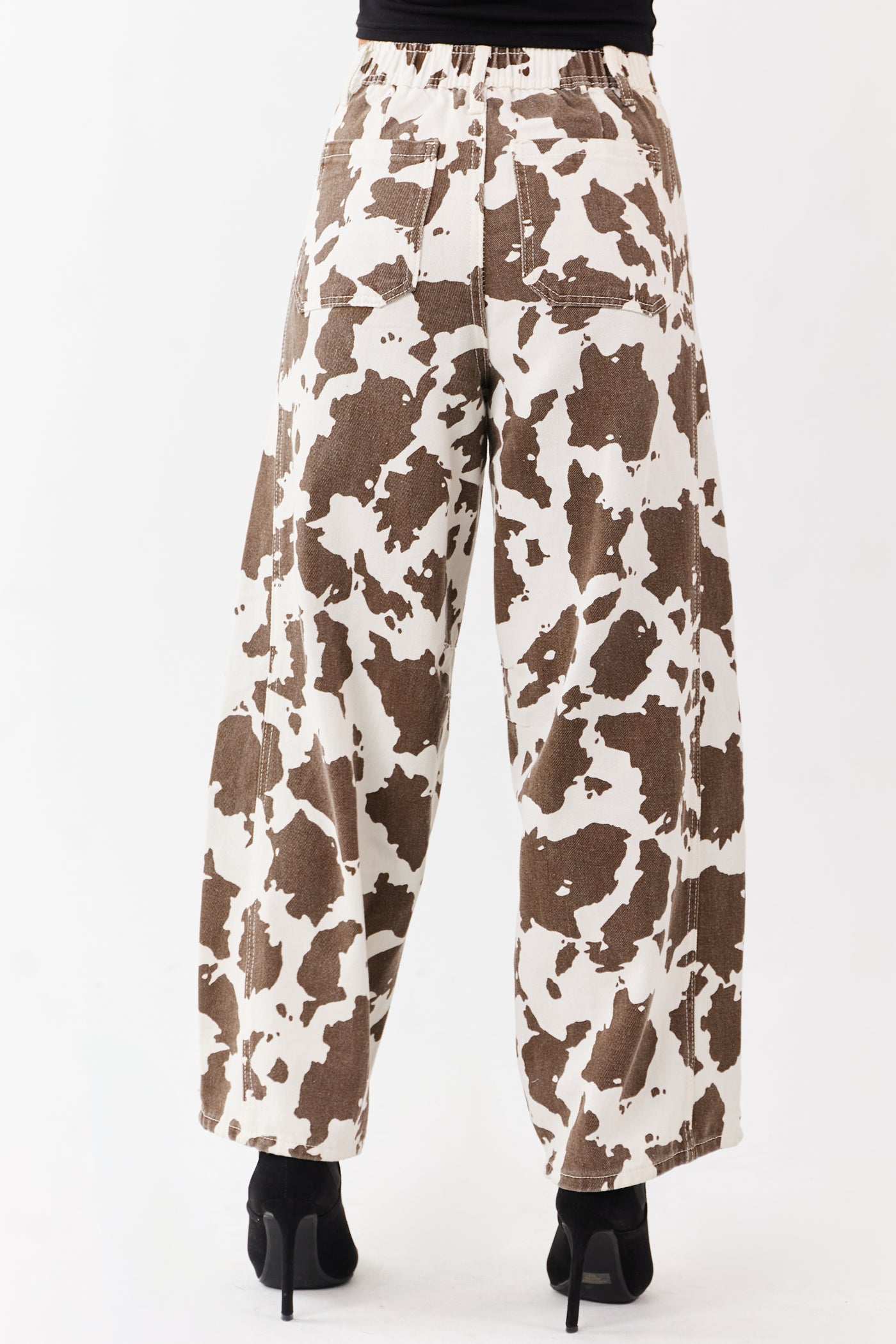 Ivory and Cocoa Washed Cow Print Barrel Jeans