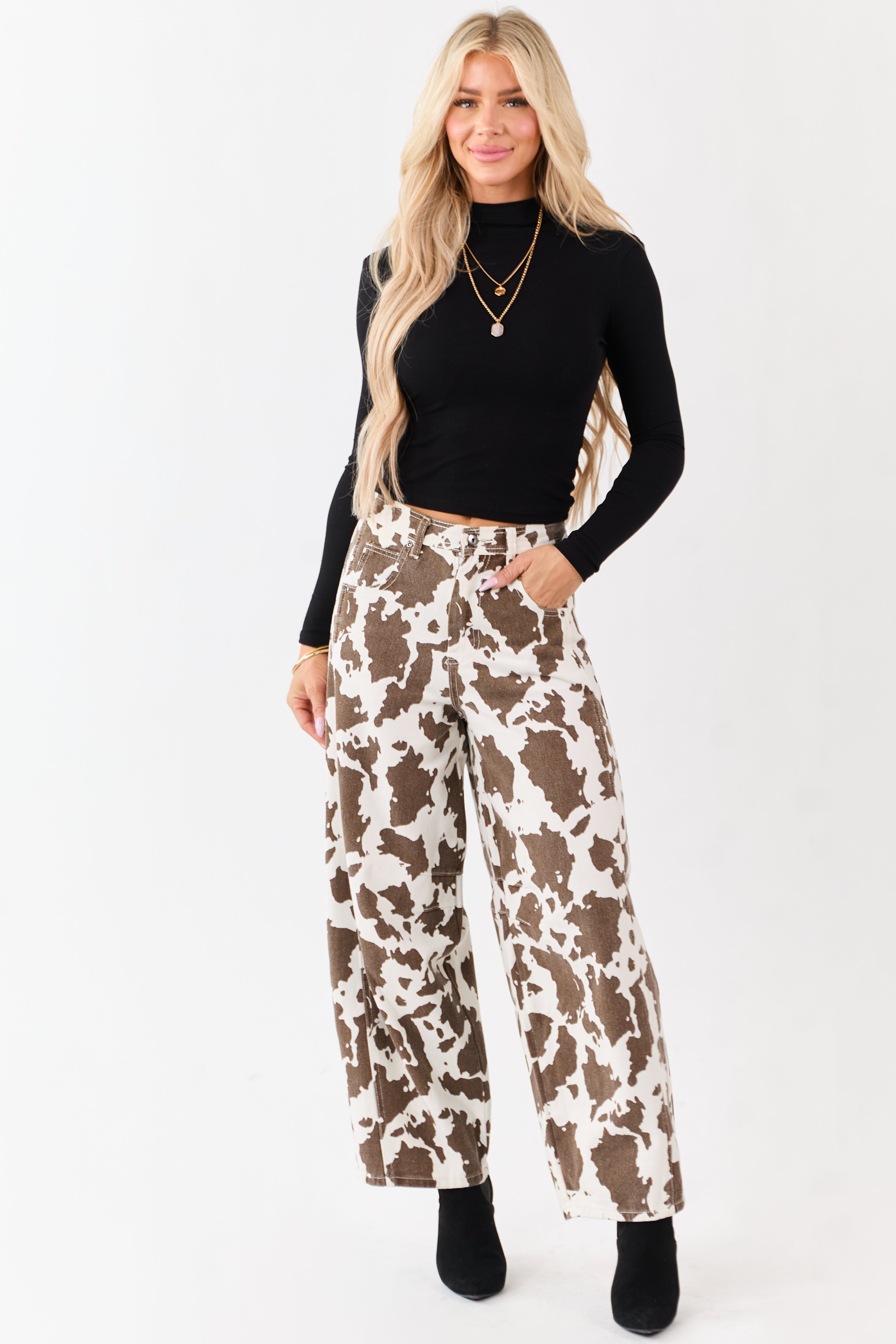 Ivory and Cocoa Washed Cow Print Barrel Jeans