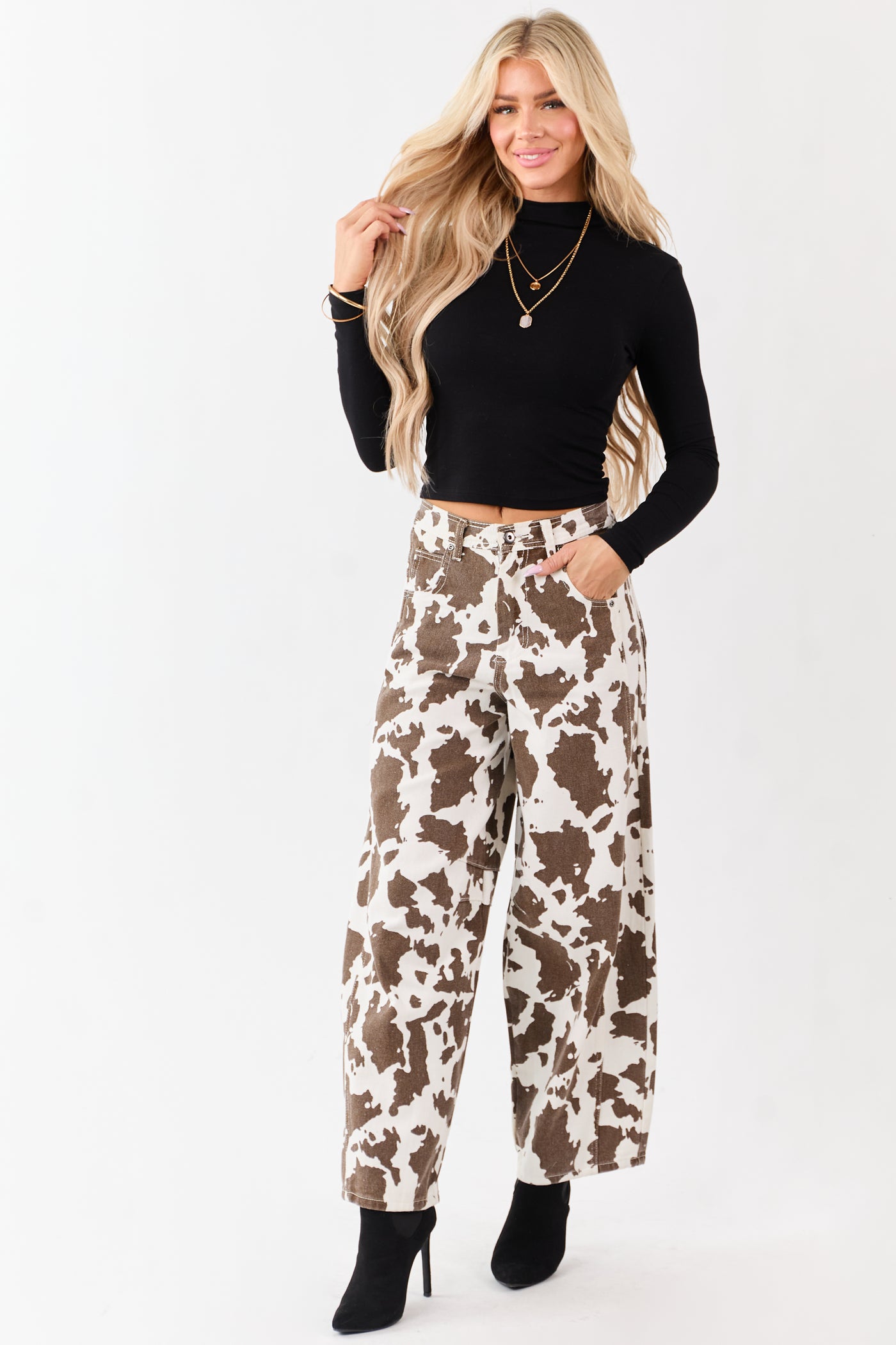 Ivory and Cocoa Washed Cow Print Barrel Jeans
