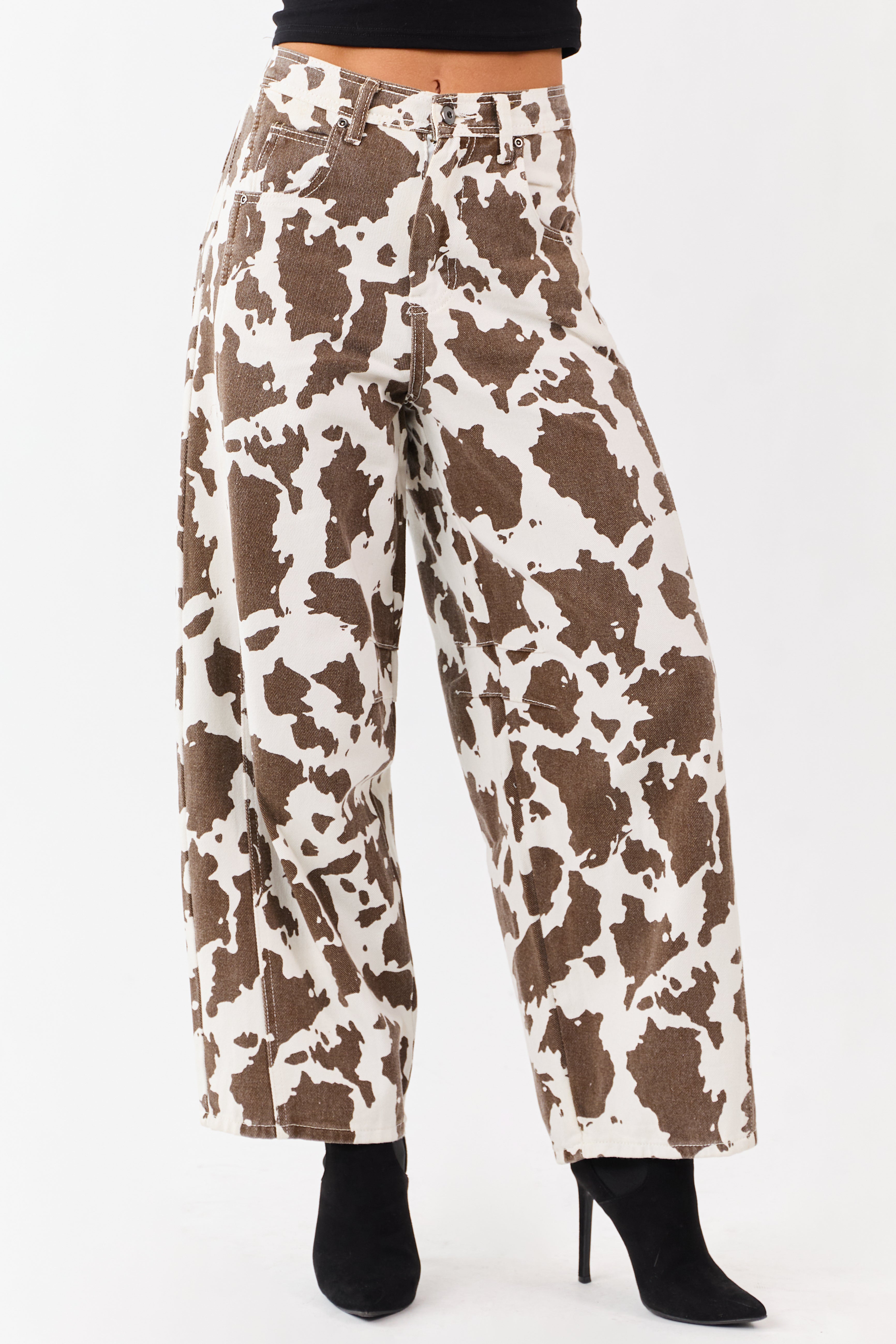 Ivory and Cocoa Washed Cow Print Barrel Jeans