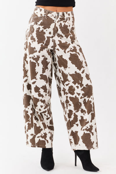 Ivory and Cocoa Washed Cow Print Barrel Jeans
