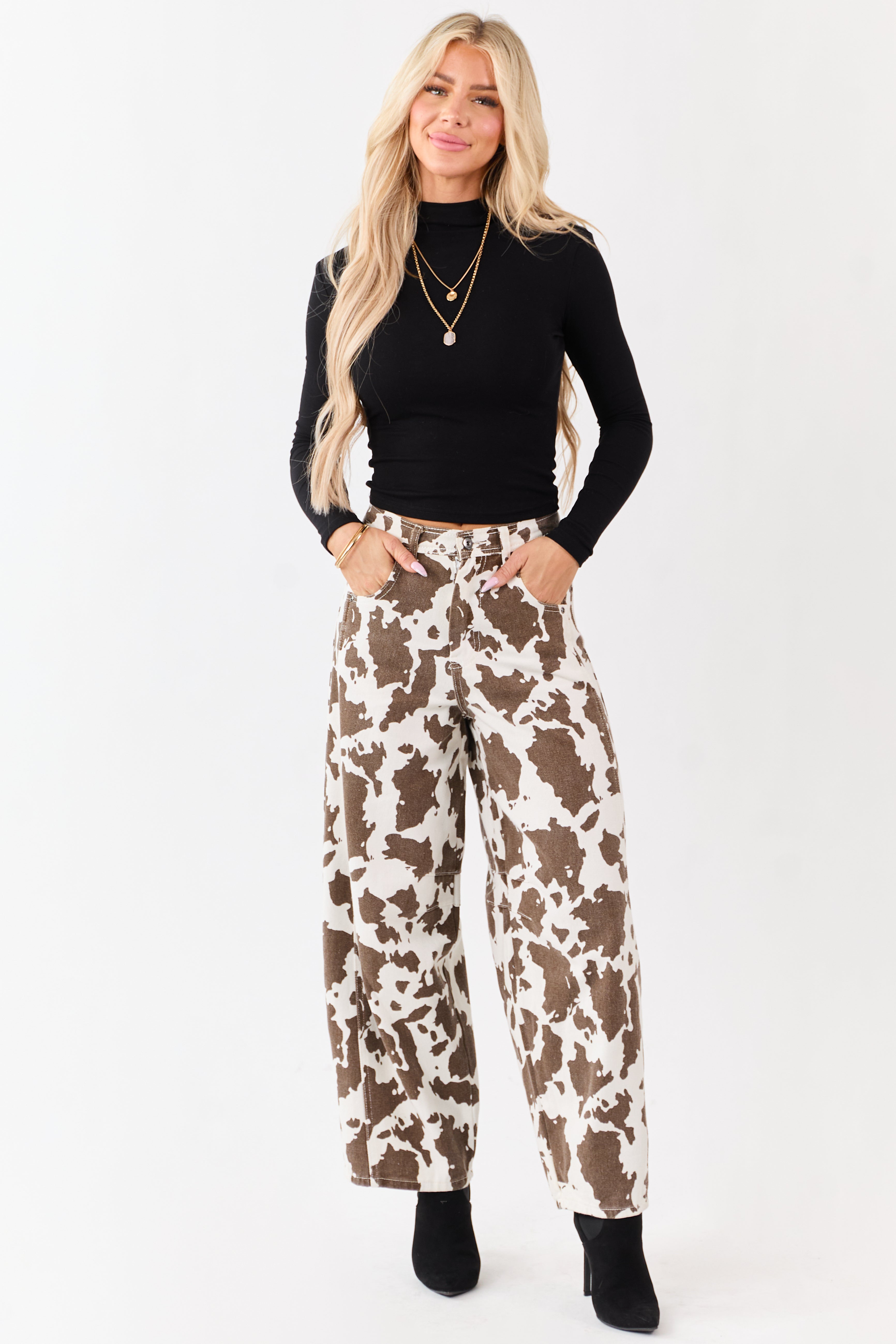 Coconut Cow Print Elastic Waist Wide Leg Denim Pants | Lime Lush