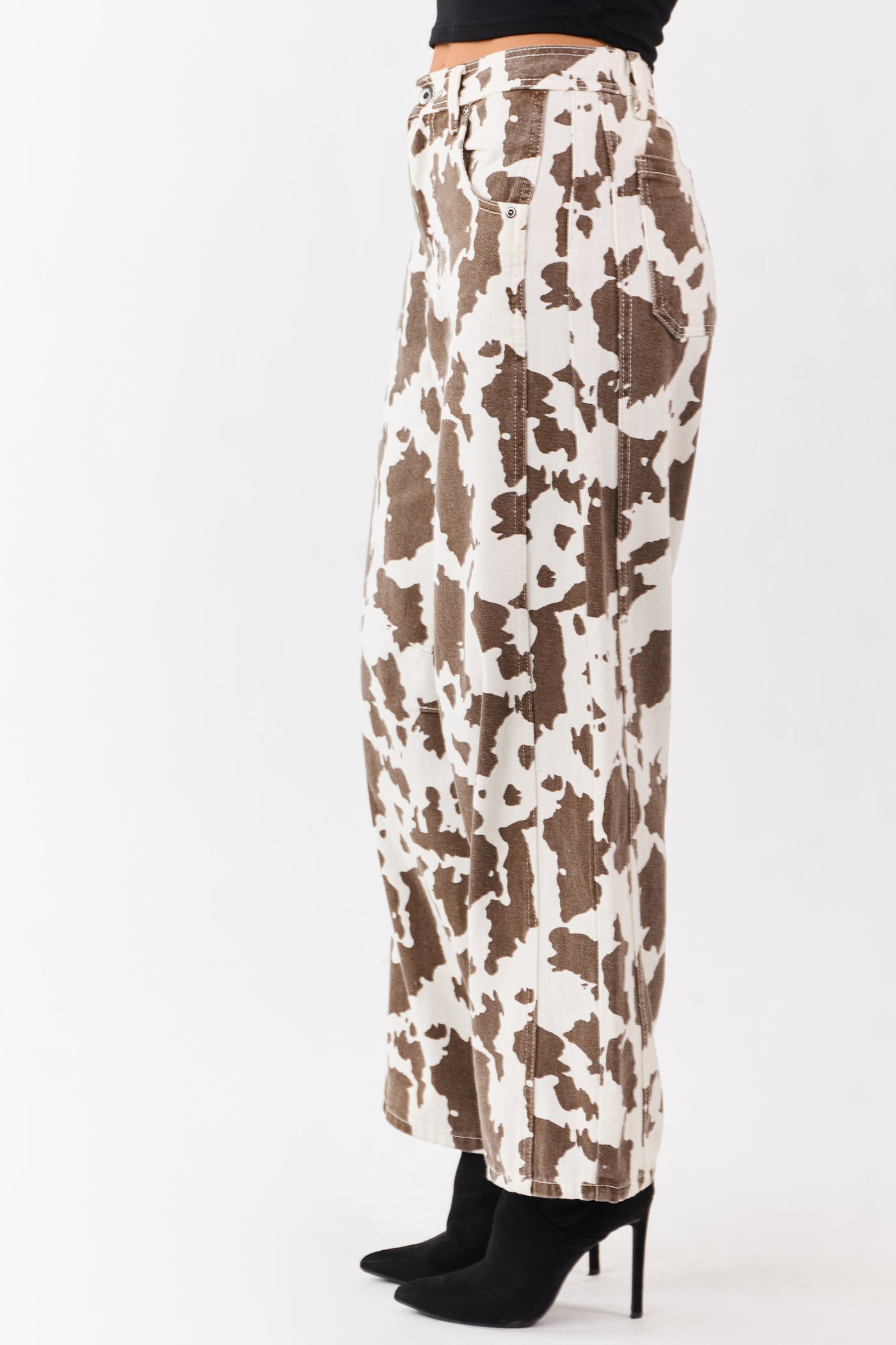 Ivory and Cocoa Washed Cow Print Barrel Jeans