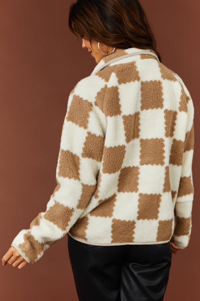 Ivory and Coffee Checkered Sherpa Jacket