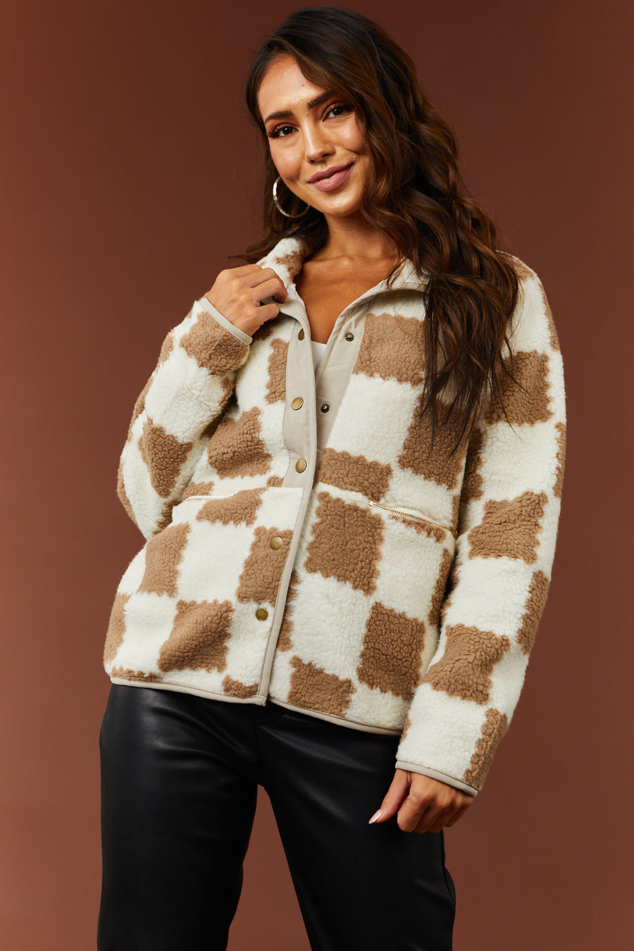 Ivory and Coffee Checkered Sherpa Jacket