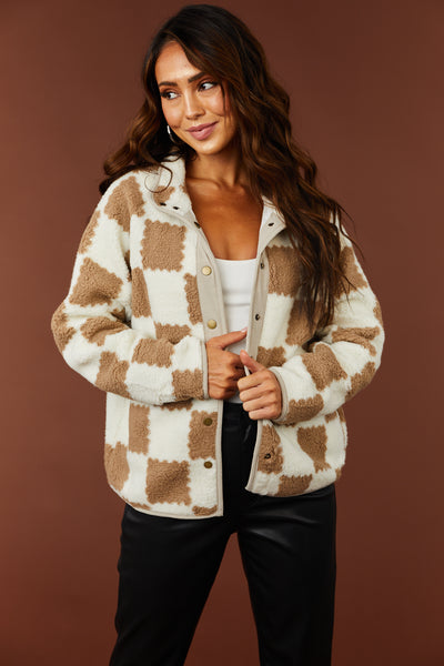 Ivory and Coffee Checkered Sherpa Jacket