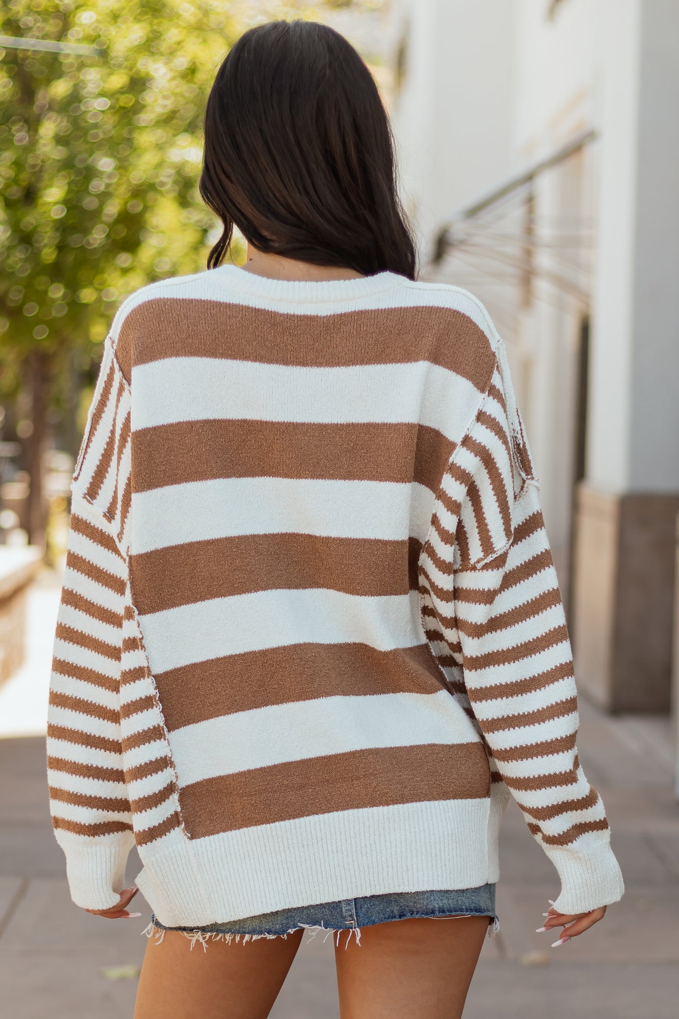 Ivory and Coffee Multi Striped Relaxed Sweater