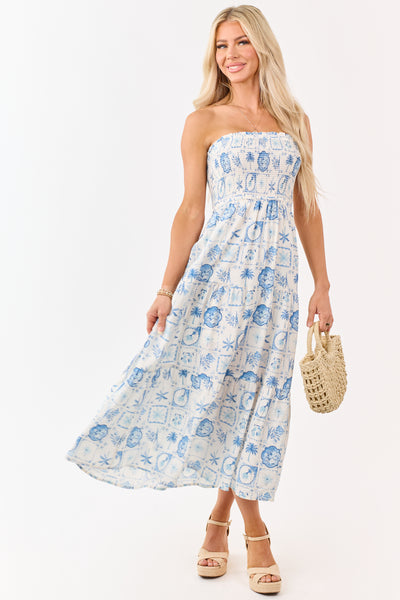 Ivory and Cornflower Vacation Print Midi Dress
