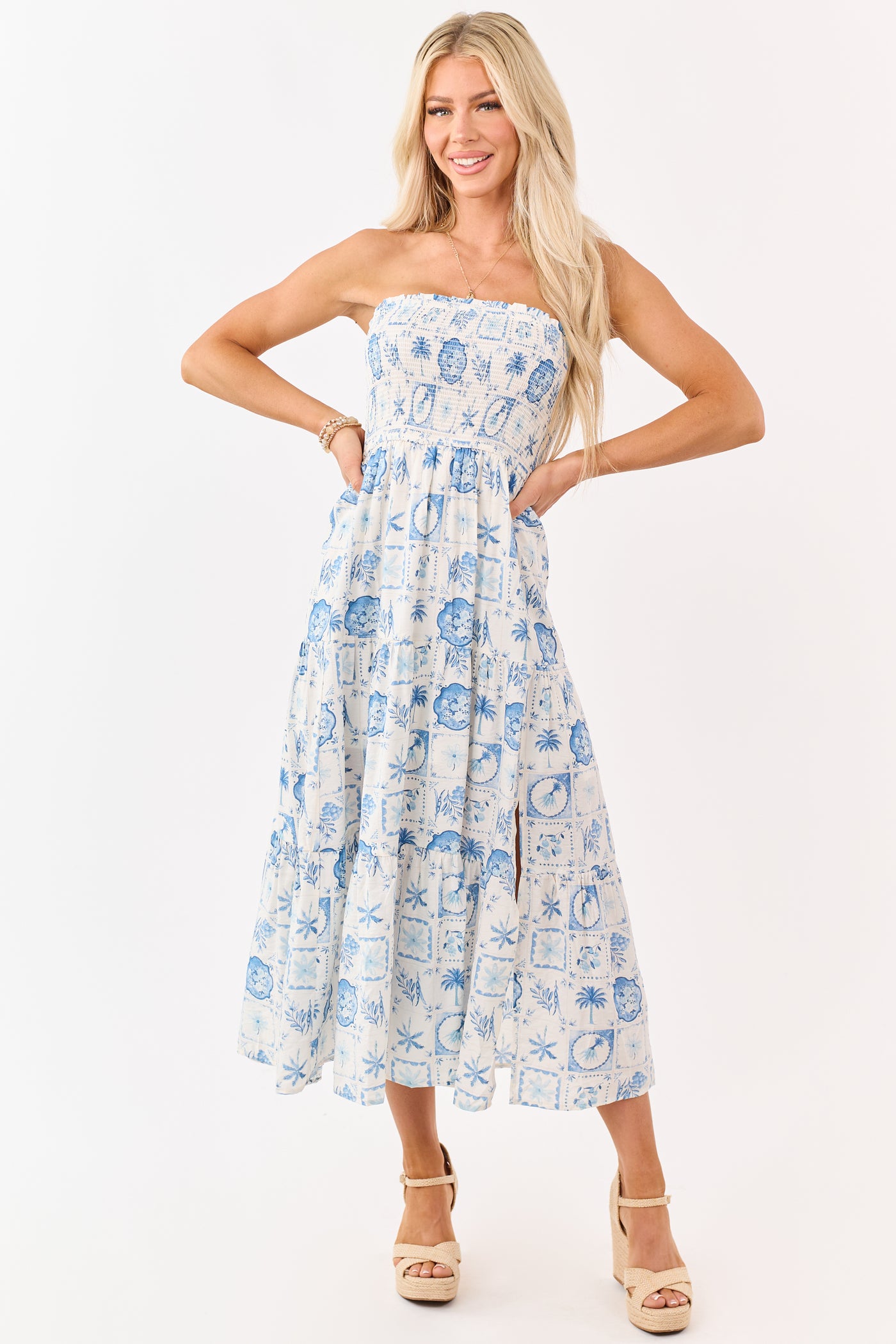 Ivory and Cornflower Vacation Print Midi Dress