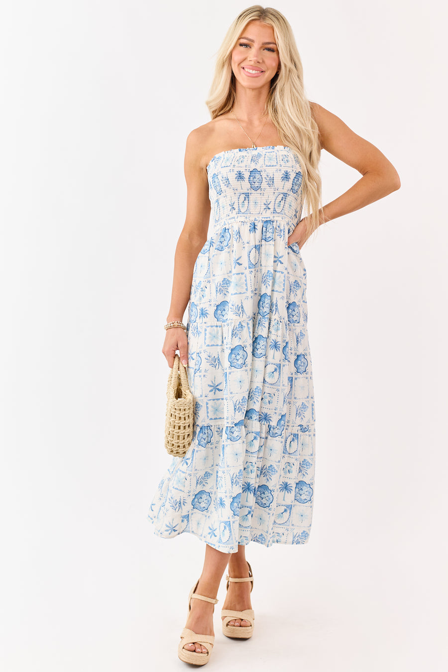 Ivory and Cornflower Vacation Print Midi Dress