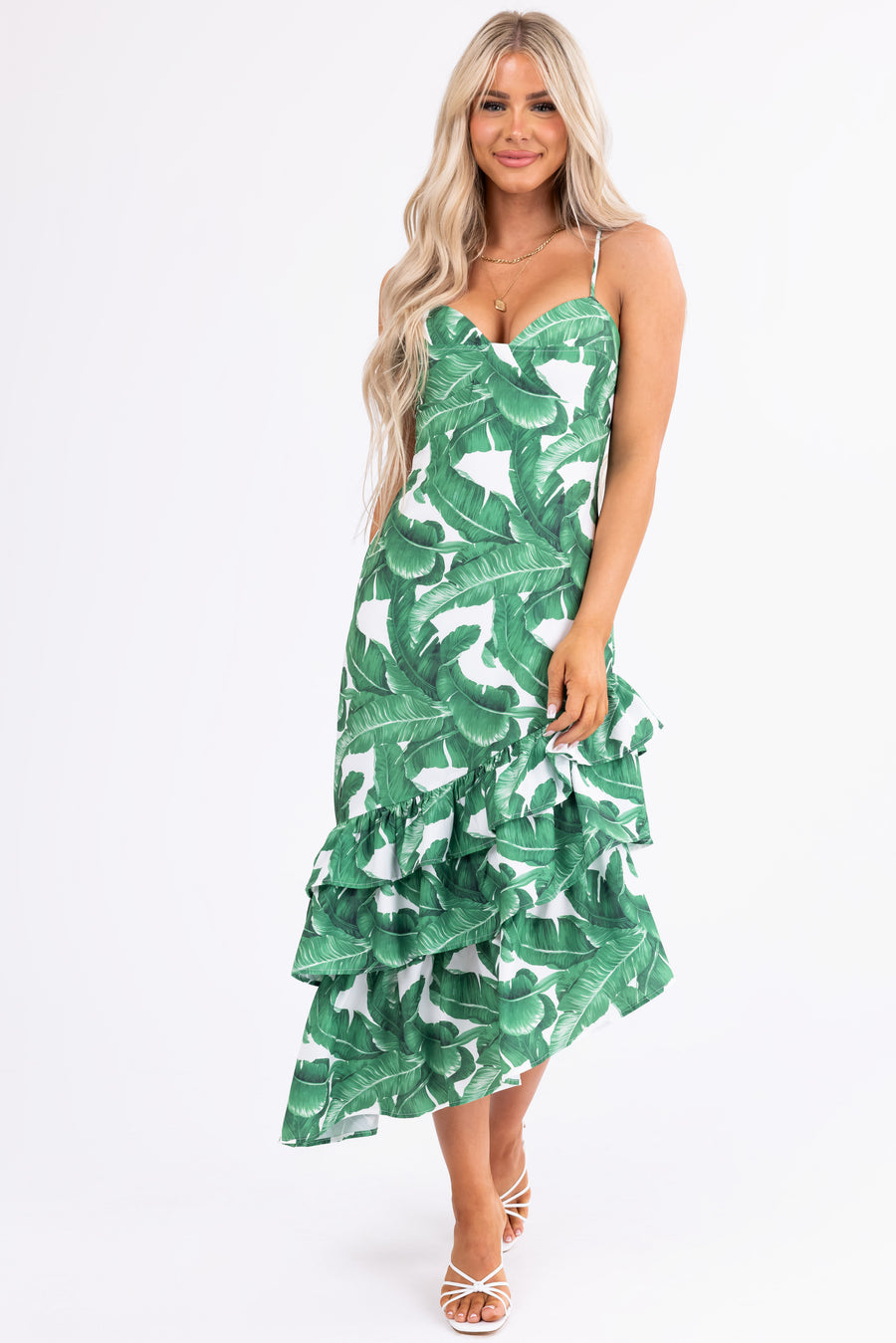 Ivory and Hunter Green Leaf Print Midi Dress