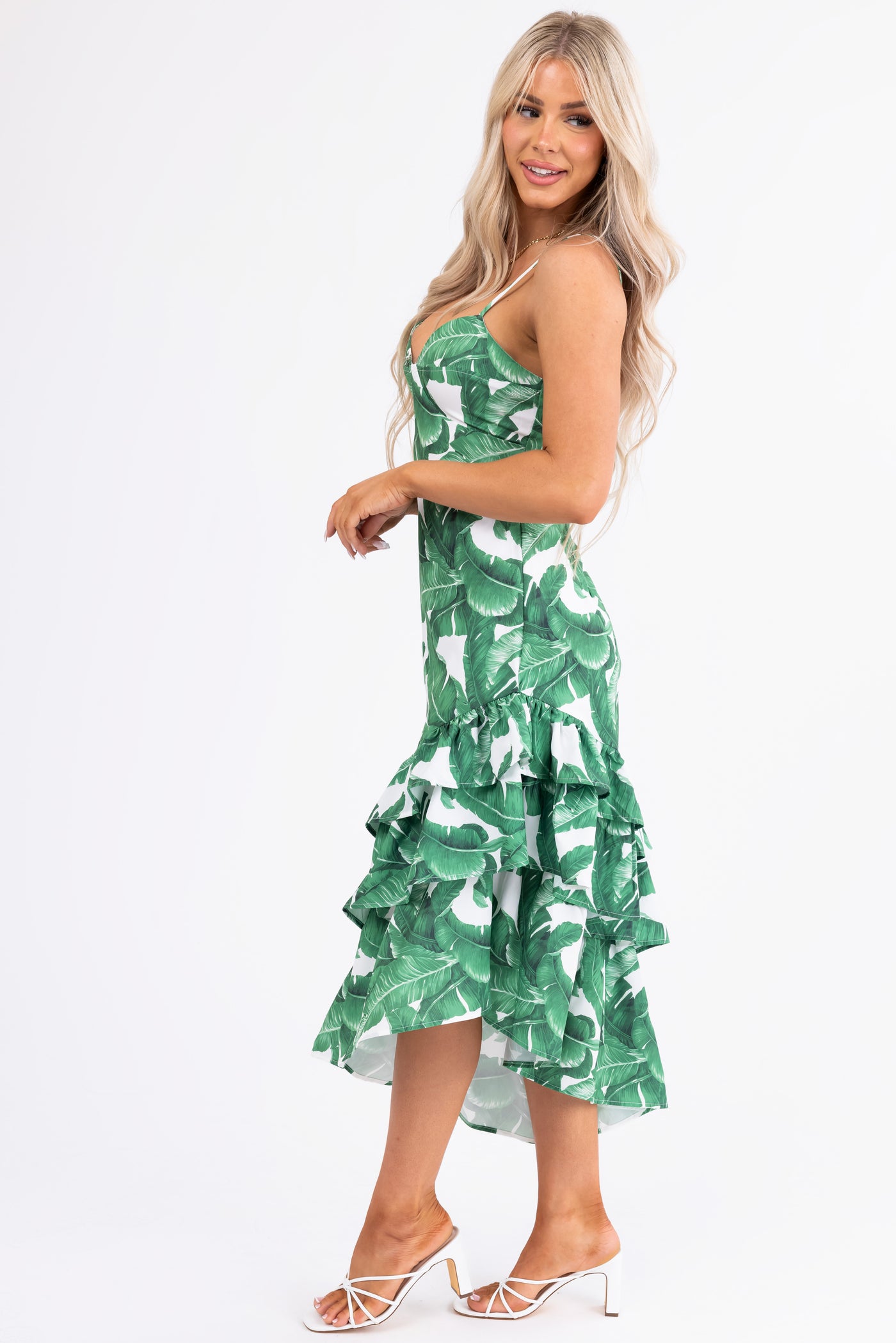 Ivory and Hunter Green Leaf Print Midi Dress