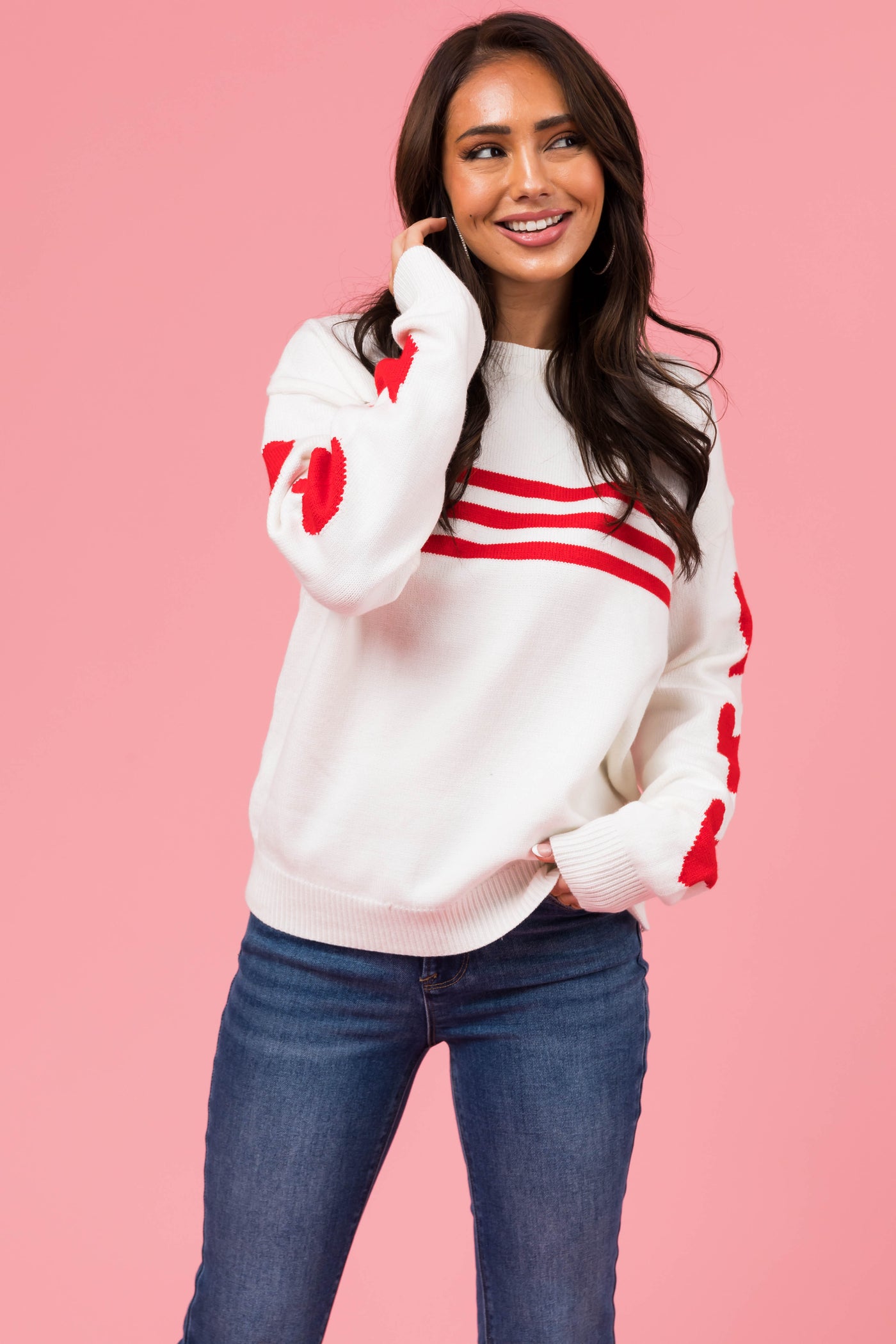 Ivory and Lipstick Heart Sleeve Striped Sweater