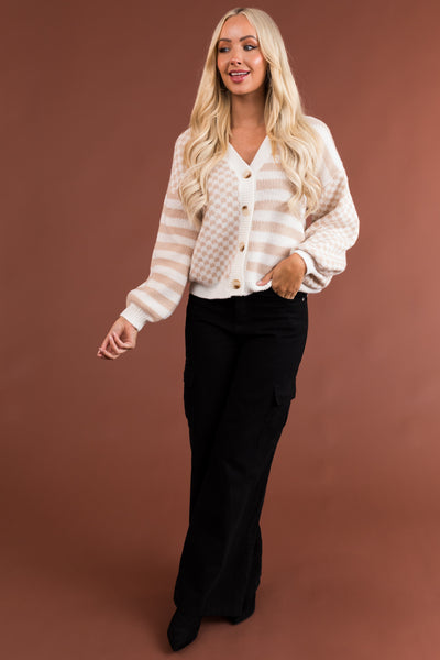 Ivory and Nude Multiprint Button Up Cardigan