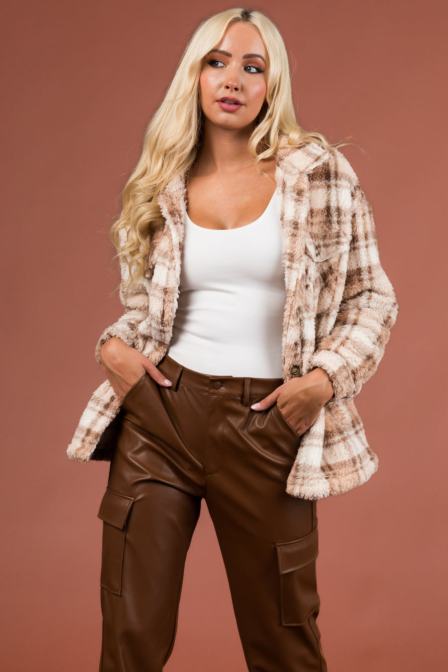 Ivory and Nude Sherpa Plaid Button Up Jacket