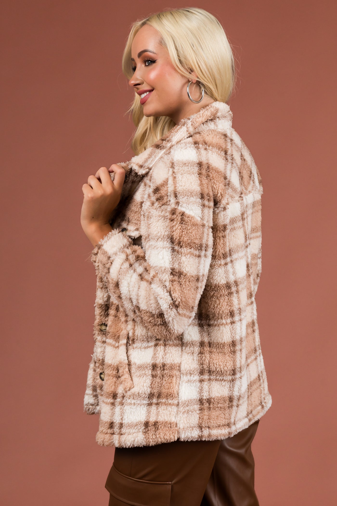 Ivory and Nude Sherpa Plaid Button Up Jacket