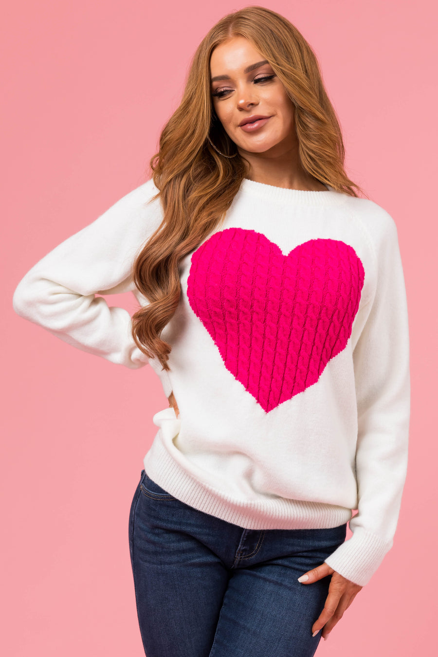 Ivory and Pink Cable Knit Heart Sweater