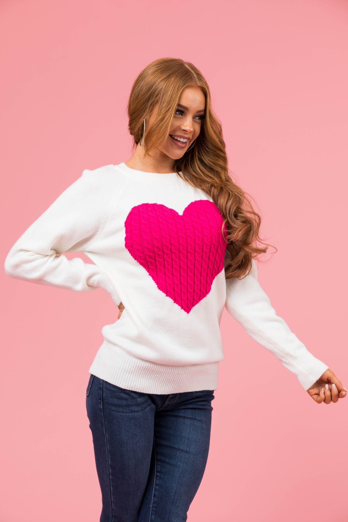 Ivory and Pink Cable Knit Heart Sweater